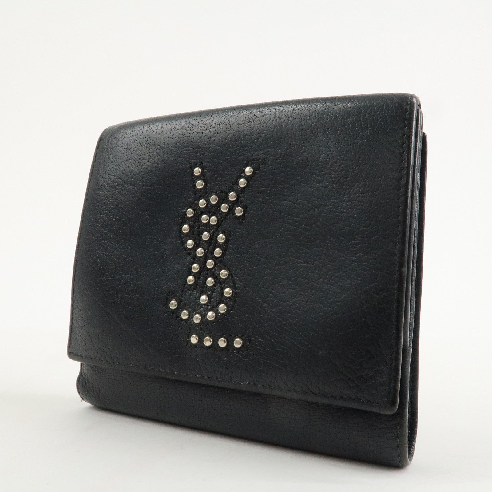 SAINT LAURENT Studs Leather Bi-fold Compact Wallet Black Used