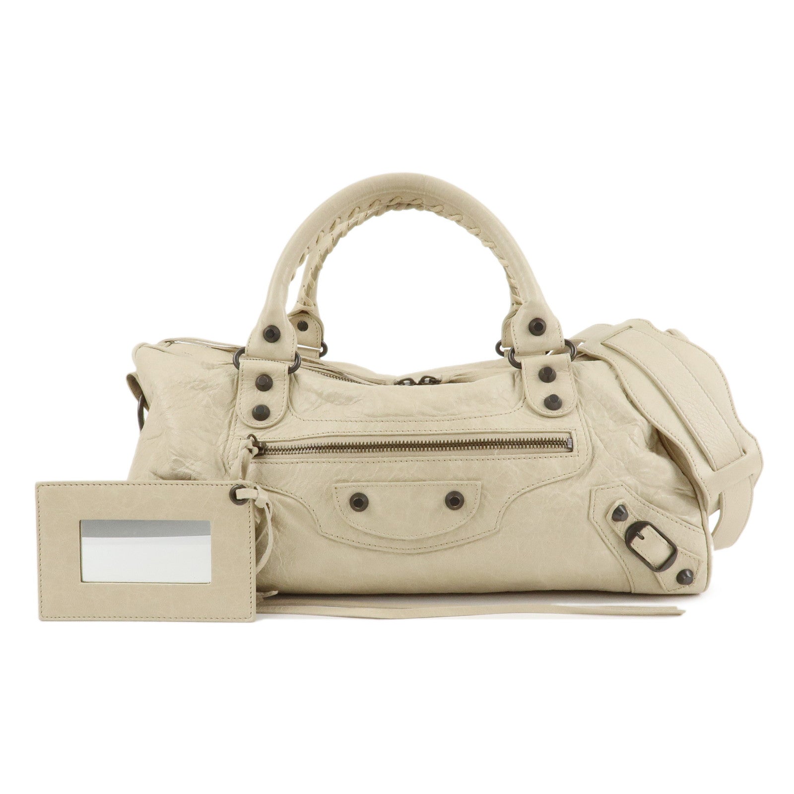 BALENCIAGA Leather The Twiggy 2way Bag Hand Bag Beige Ivory128523 Used