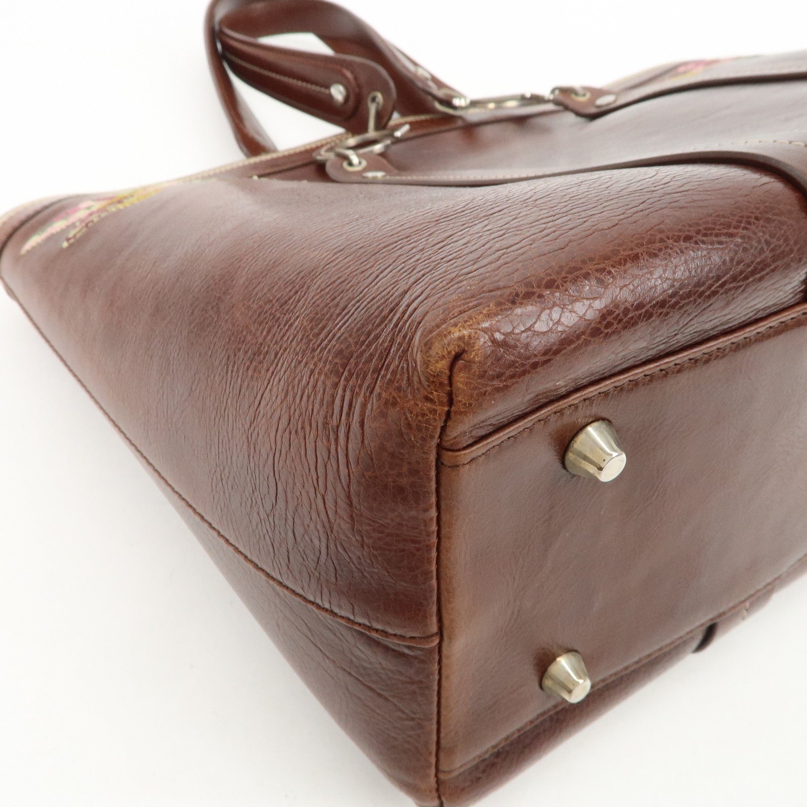 Christian Dior Leather Flower Embroidery Tote Shoulder Bag Brown