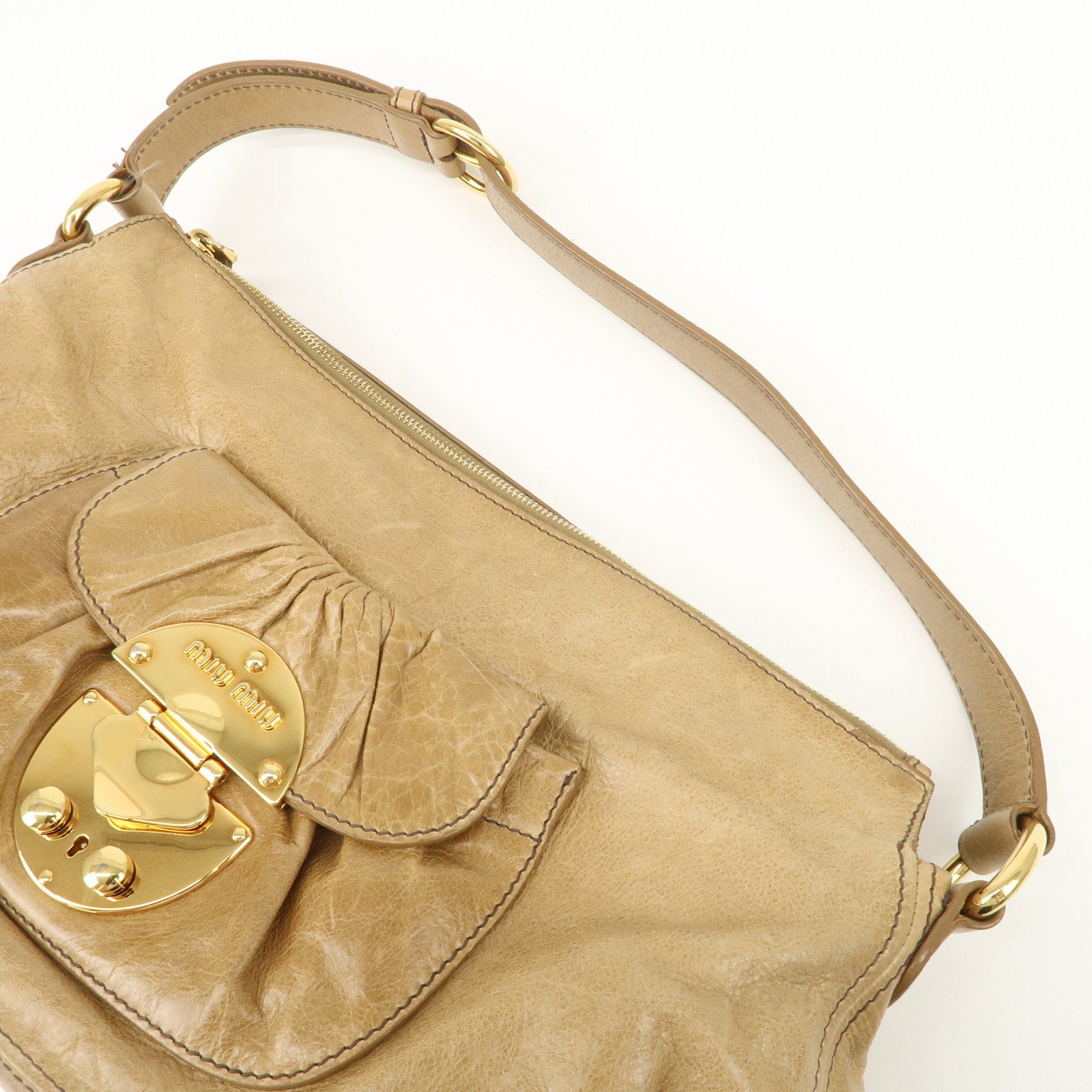 MIU MIU Leather Shoulder Bag Hand Bag Beige Gold Hardware