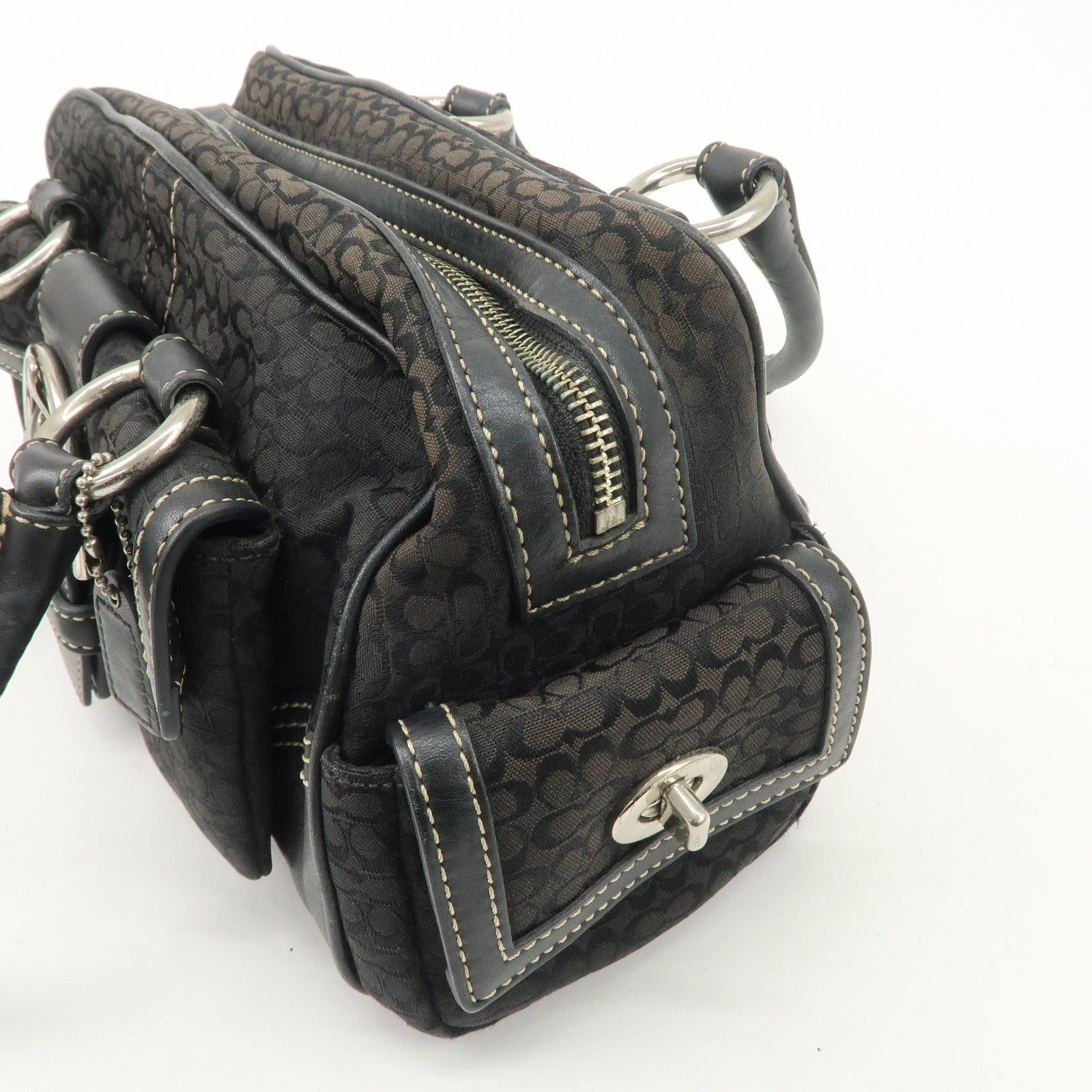 COACH Leather Canvas Logo Hand Bag Brown Silver HDW Used