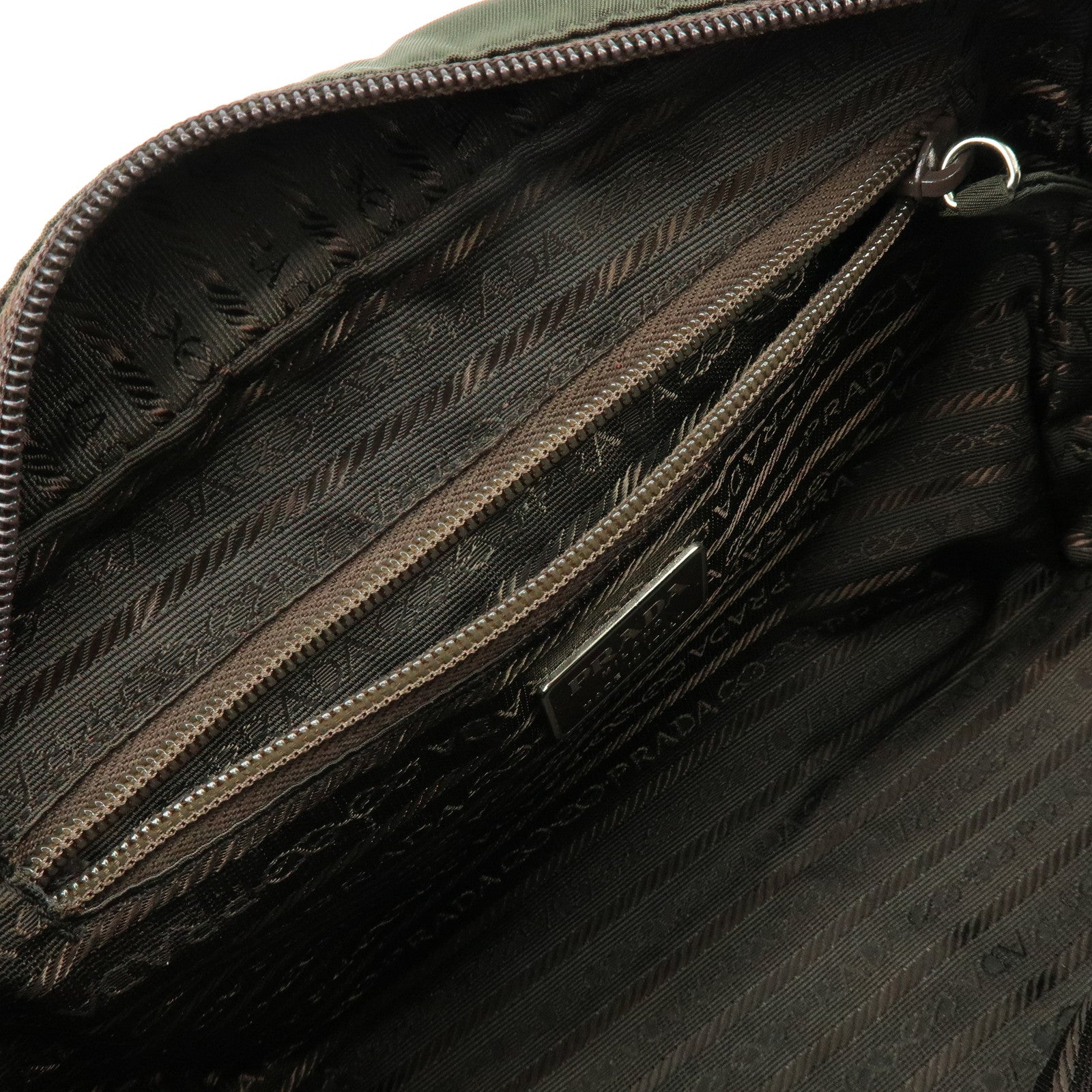 PRADA Triangle Logo Nylon Leather Hand Bag Tote Boston Bag Khaki