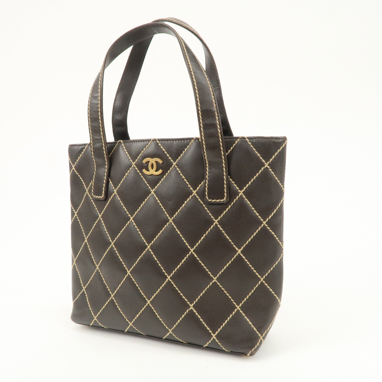 CHANEL COCO Mark Wild Stitch Leather Tote Bag Hand Bag Brown A18126 Used