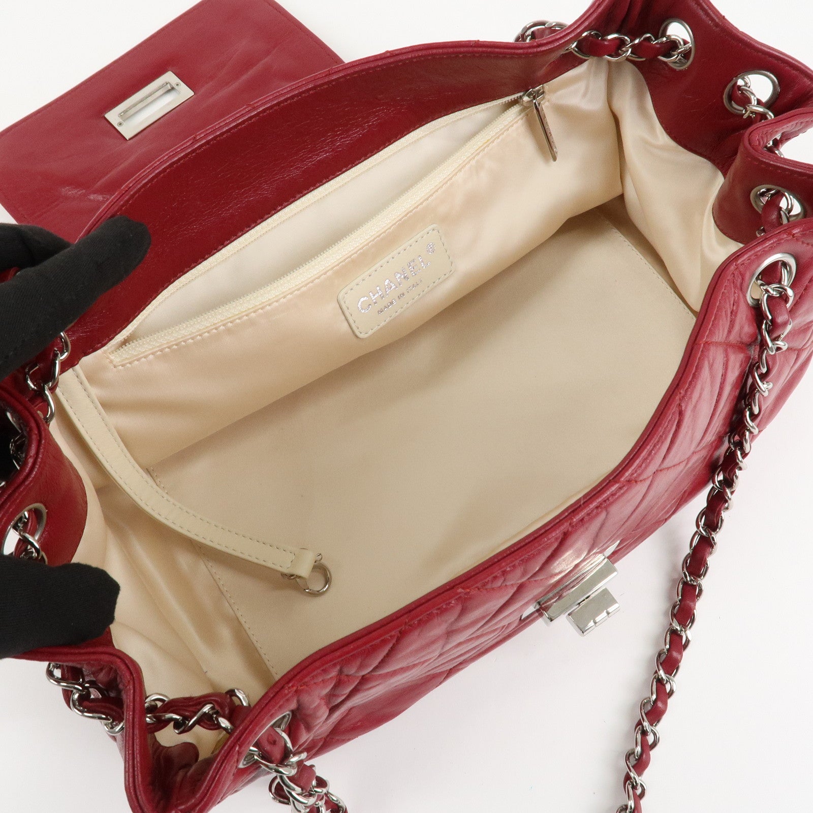 CHANEL 2.55 Lamb Skin Leather Chain Shoulder Bag Red Used
