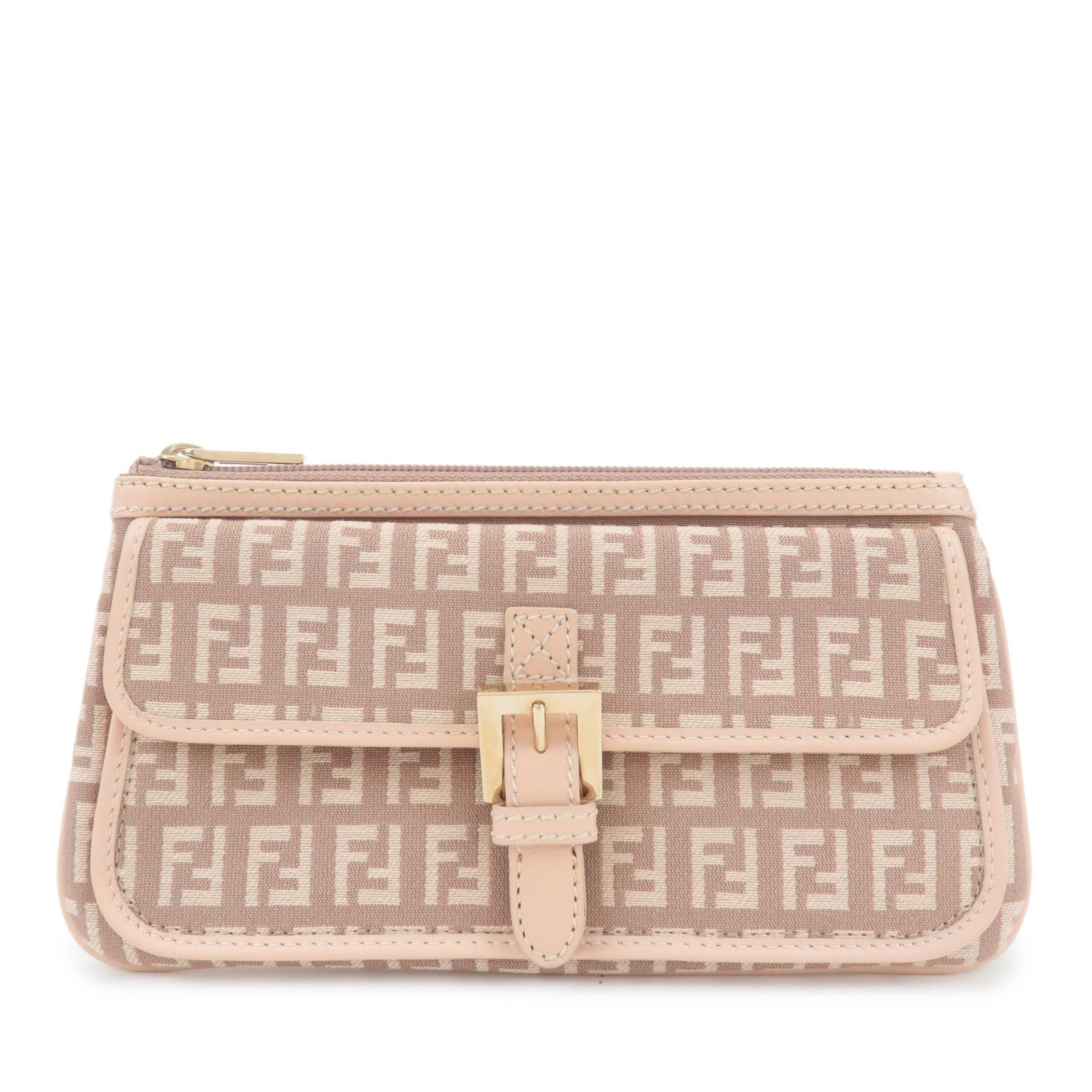 FENDI Zucchino Canvas Leather Pouch Purse Pink 8N0038