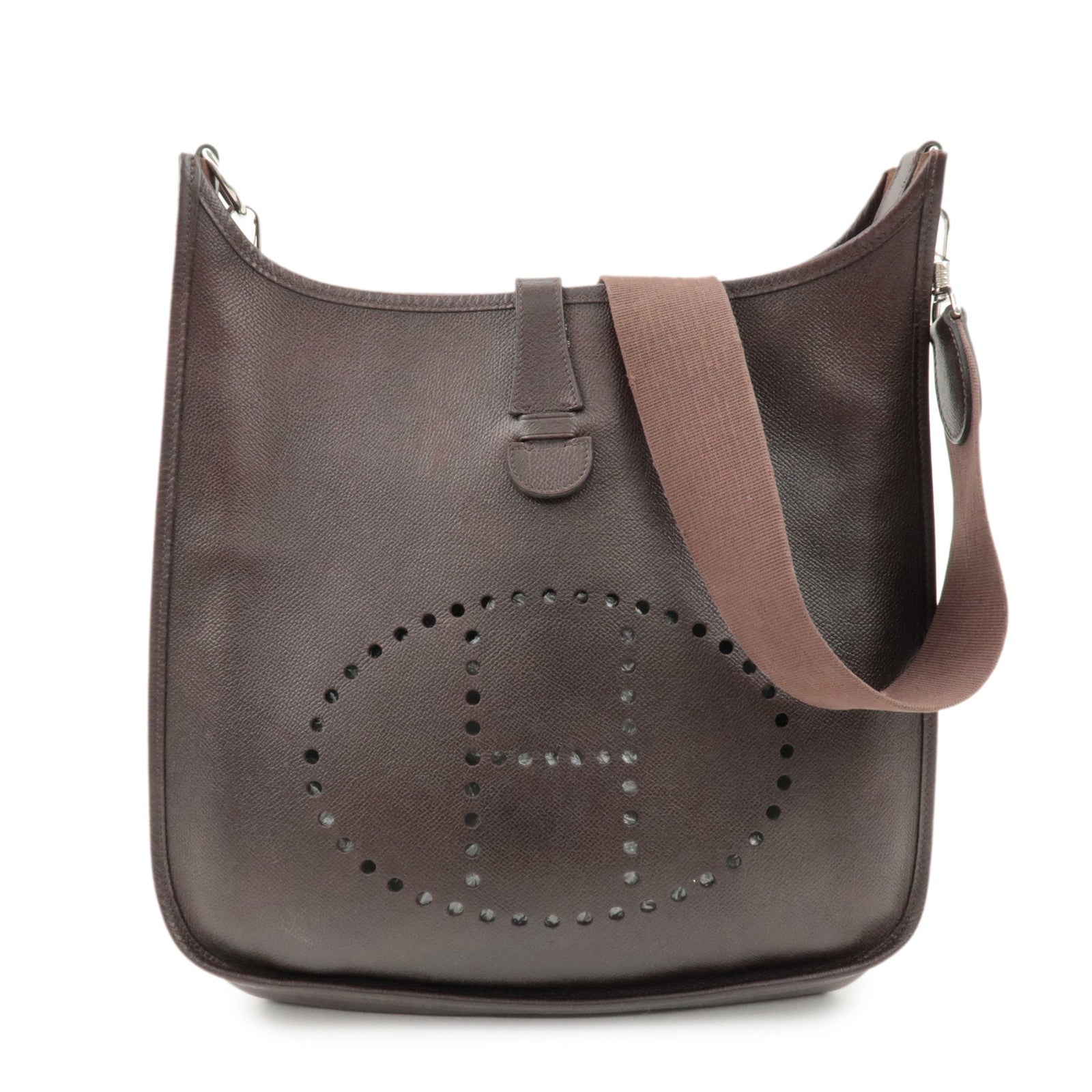 HERMES Evelyn 1GM H Engraved Leather Shoulder Bag Brown Used