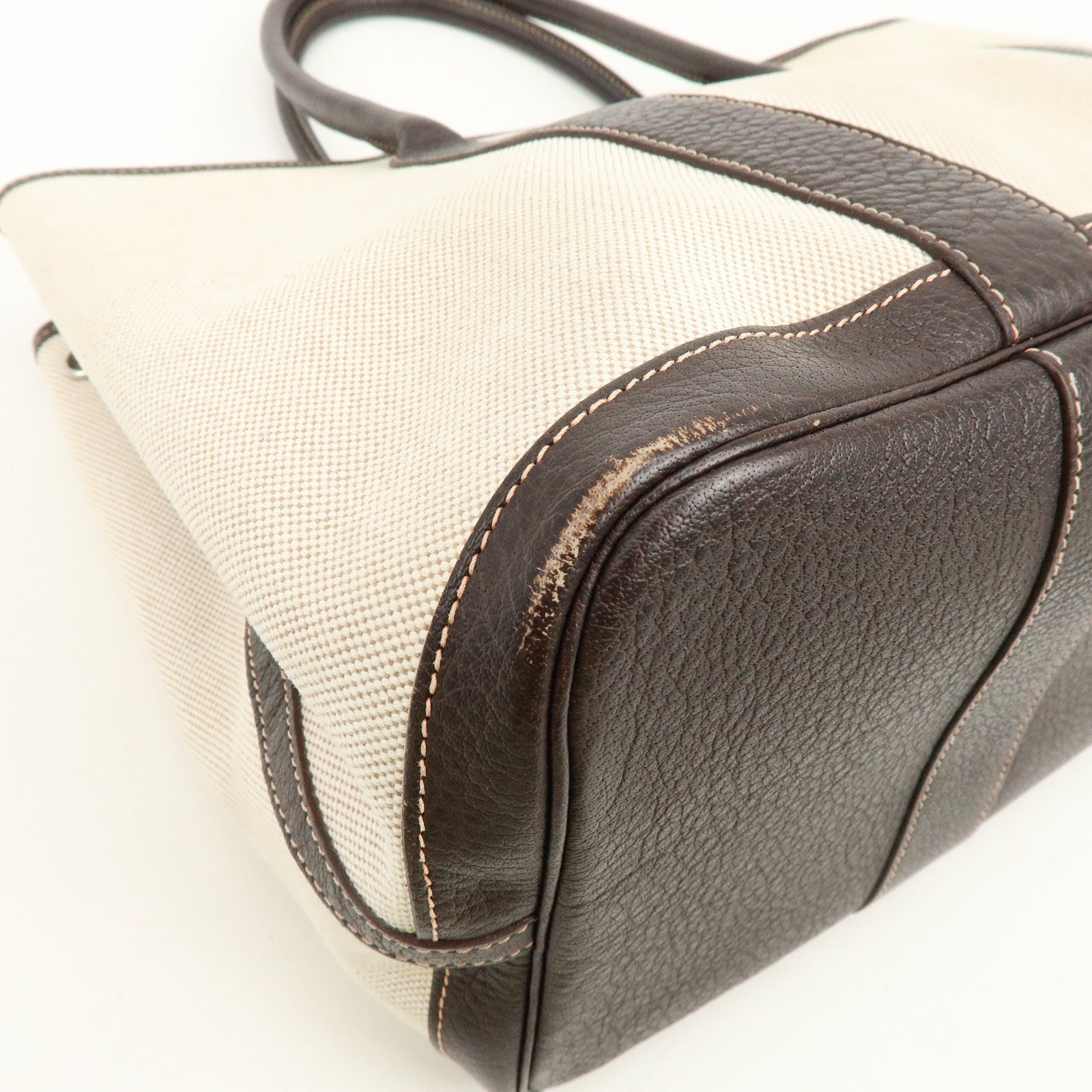 HERMES Garden Party Canvas Leather Tote Bag Beige Brown □H Stamped