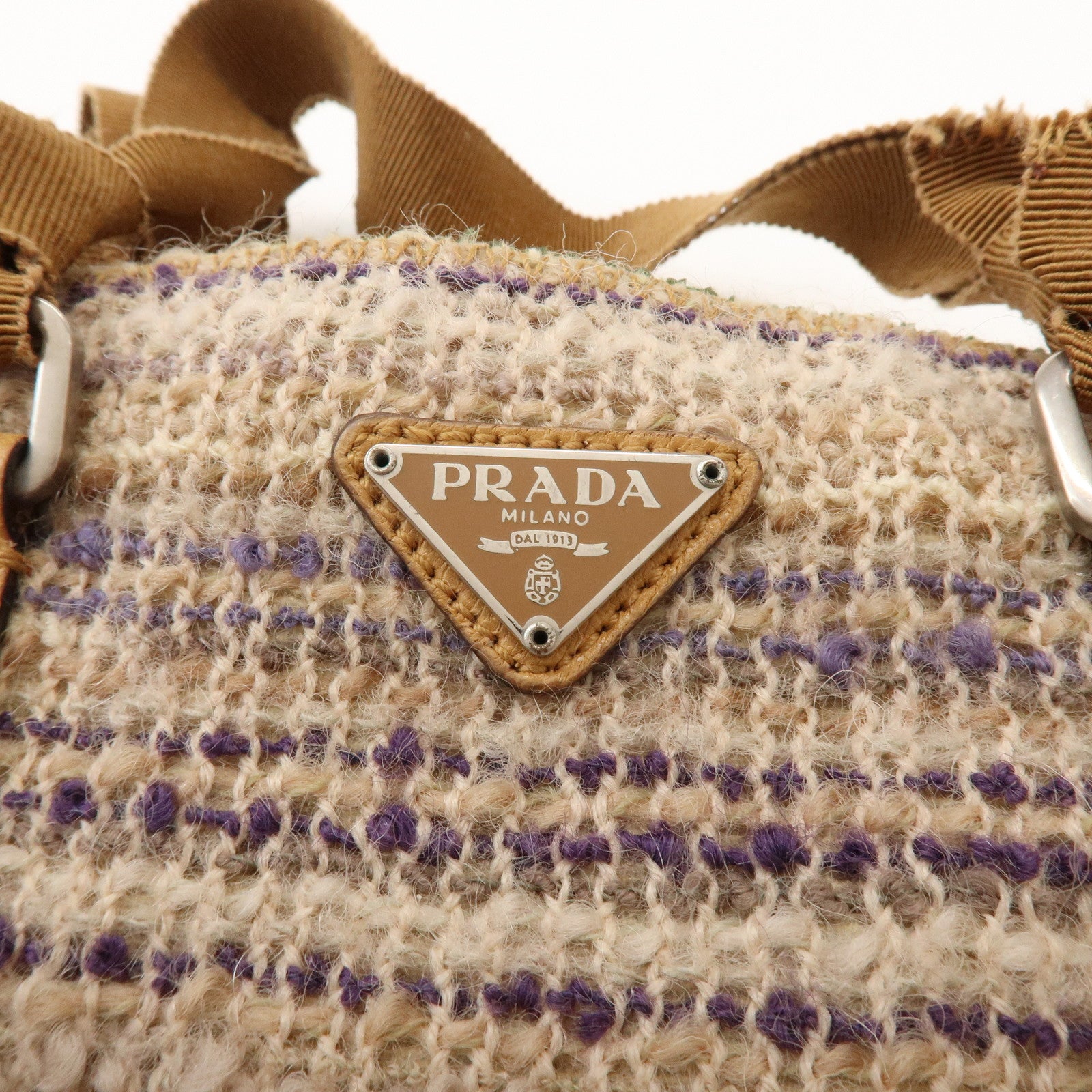 PRADA Triangle Logo Tweed Leather Hand Bag Light Brown Multicolor