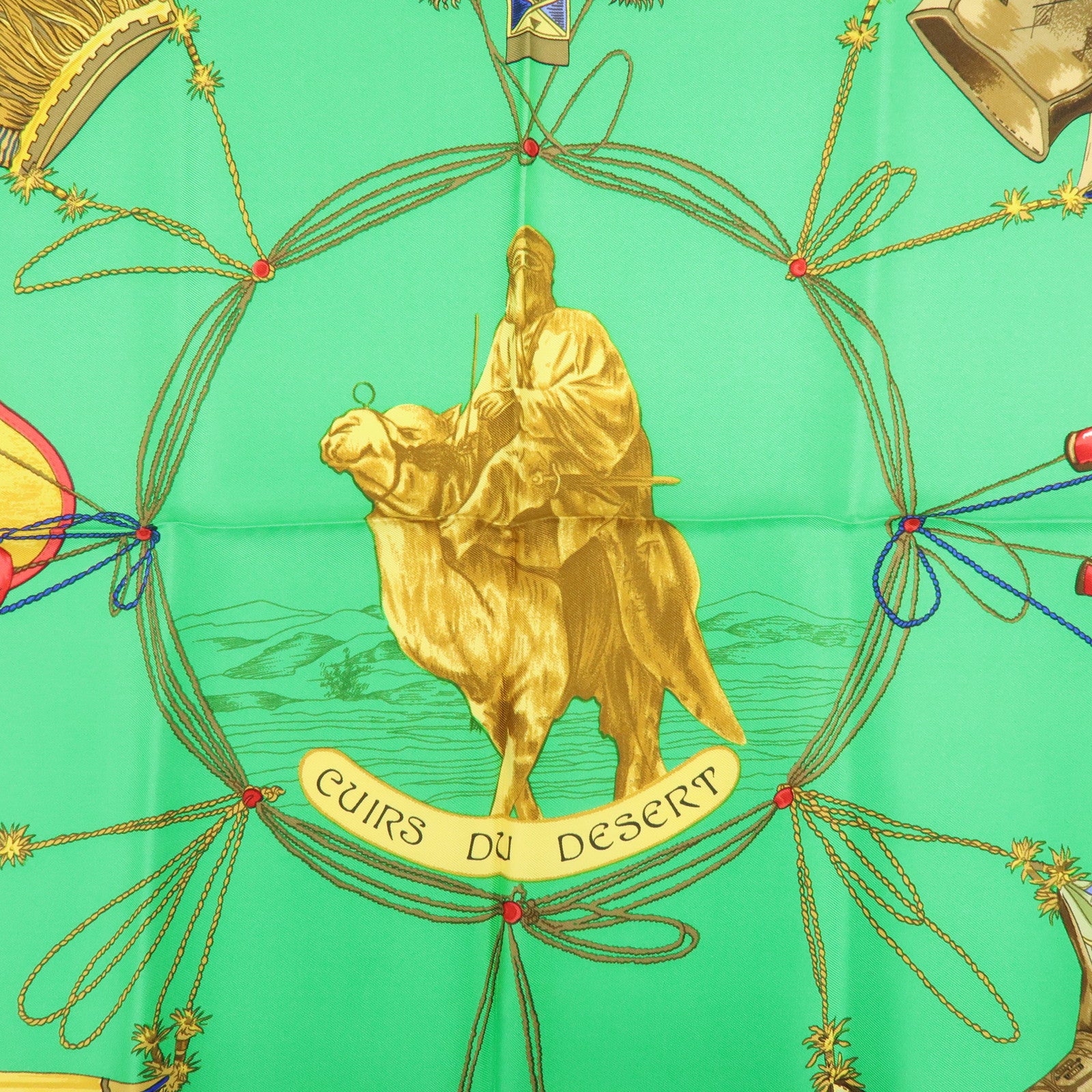 HERMES Carre 90 Silk 100% Scarf CUIRS DU DESERT Green Blue
