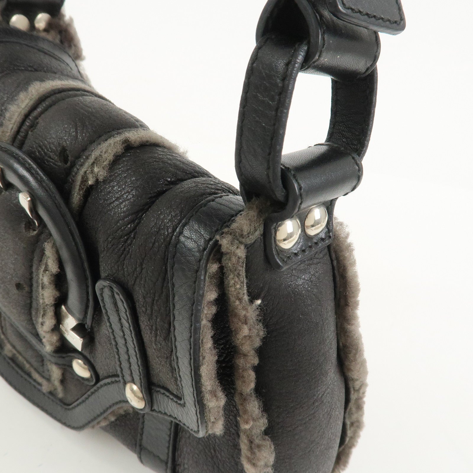 Ferragamo Gancini Mouton Leather Shoulder Bag Hand Bag Black