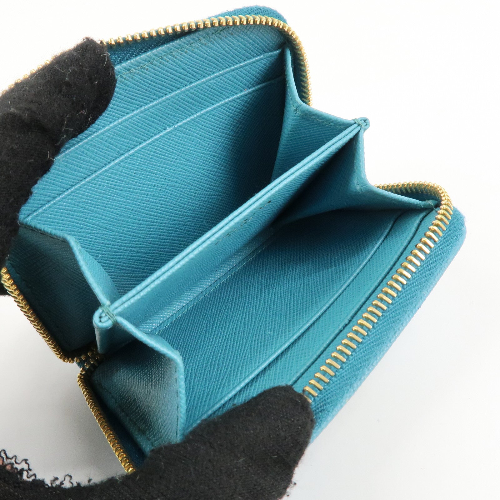 PRADA Logo Saffiano Leather Round Zippy Small Wallet Blue 1MM268 Used