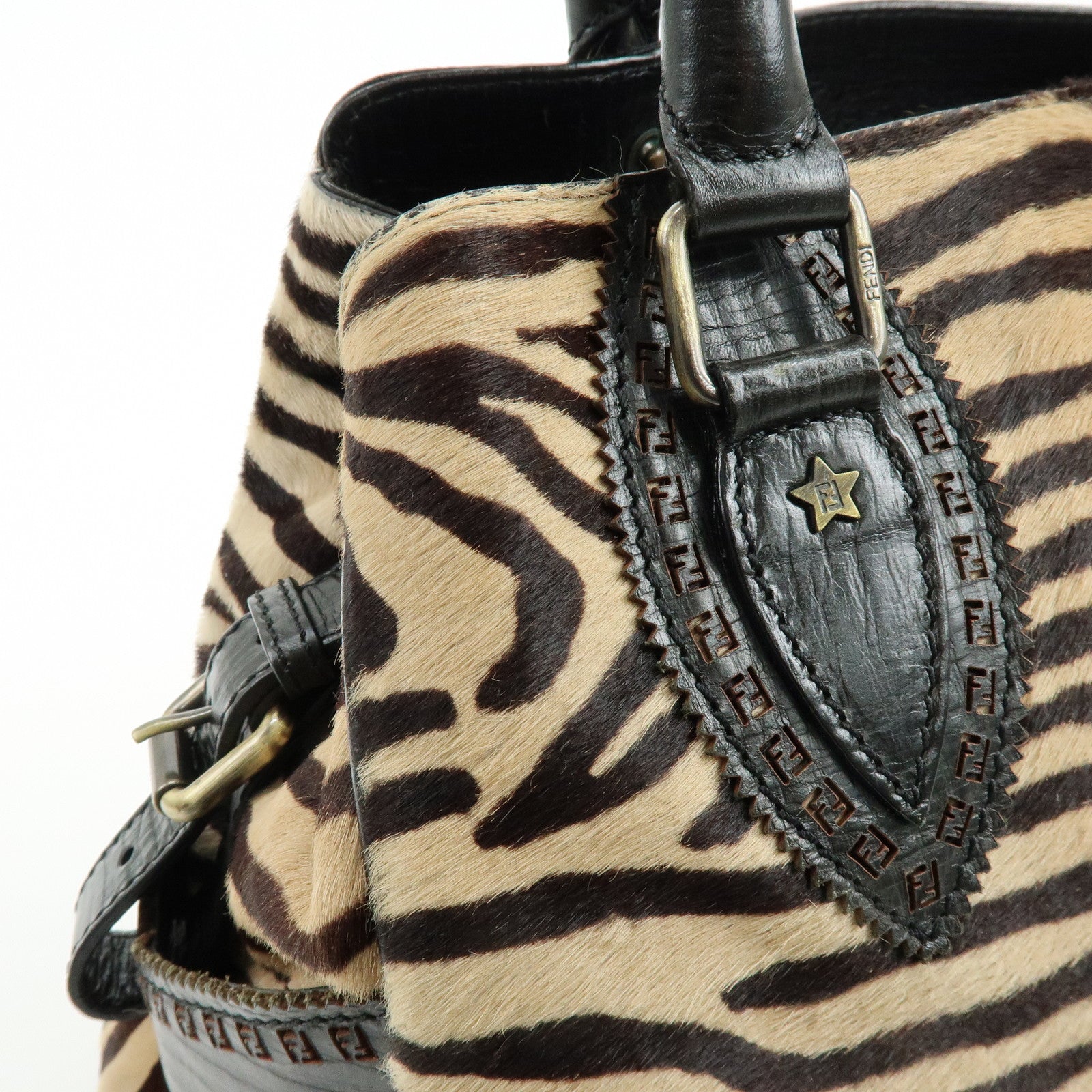 FENDI Etnico Calf Hair Leather Tote Bag Shoulder Bag Brown 8BN162