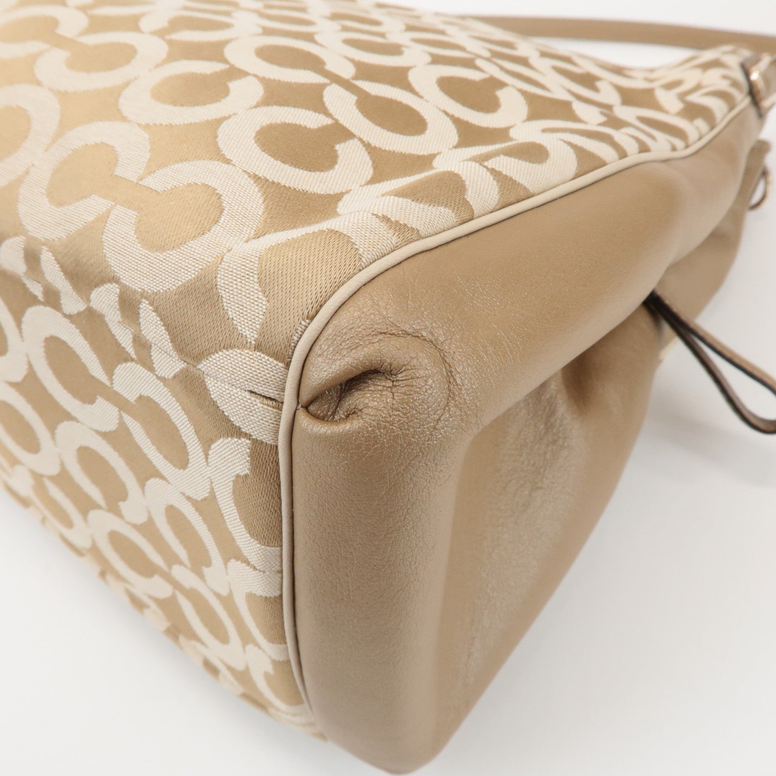 COACH Op Art Satin Leather Shoulder Bag Hand Bag Gold Beige