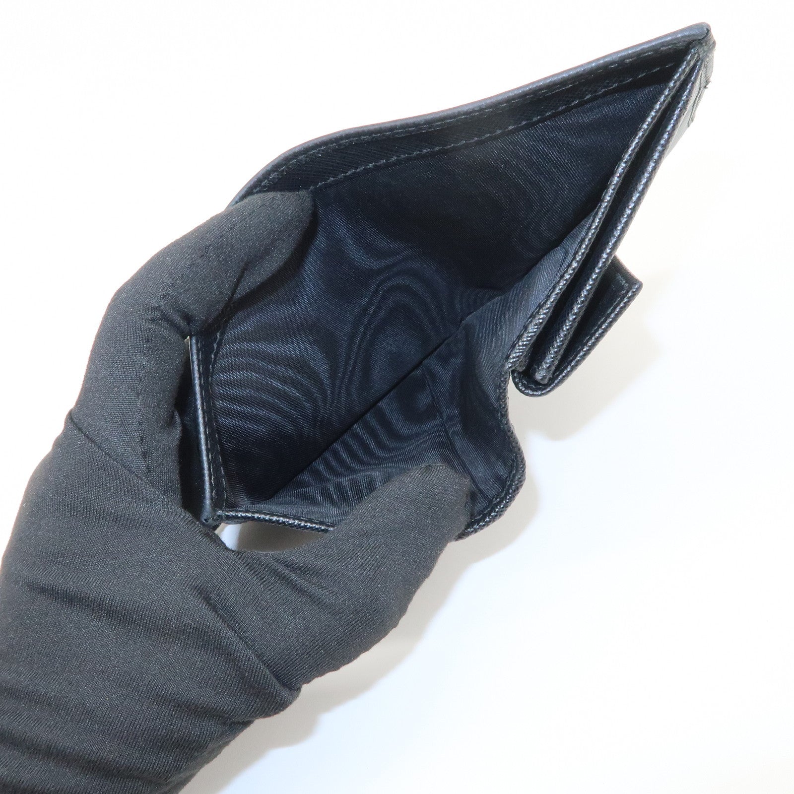 PRADA Triangle Logo Saffiano Leather Bi-Fold Compact Wallet Black