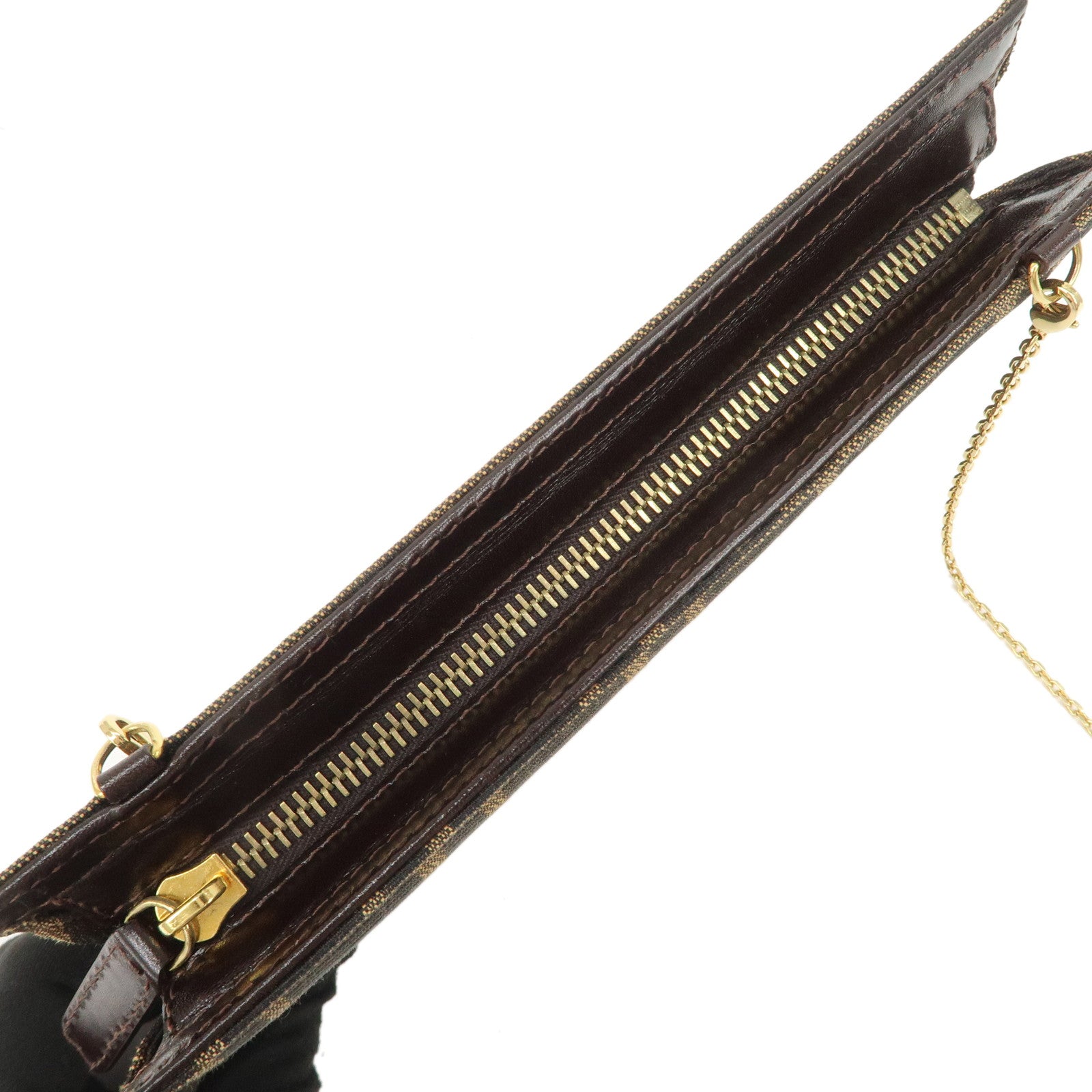 FENDI Zucca Leather Canvas Chain Shoulder Bag Brown