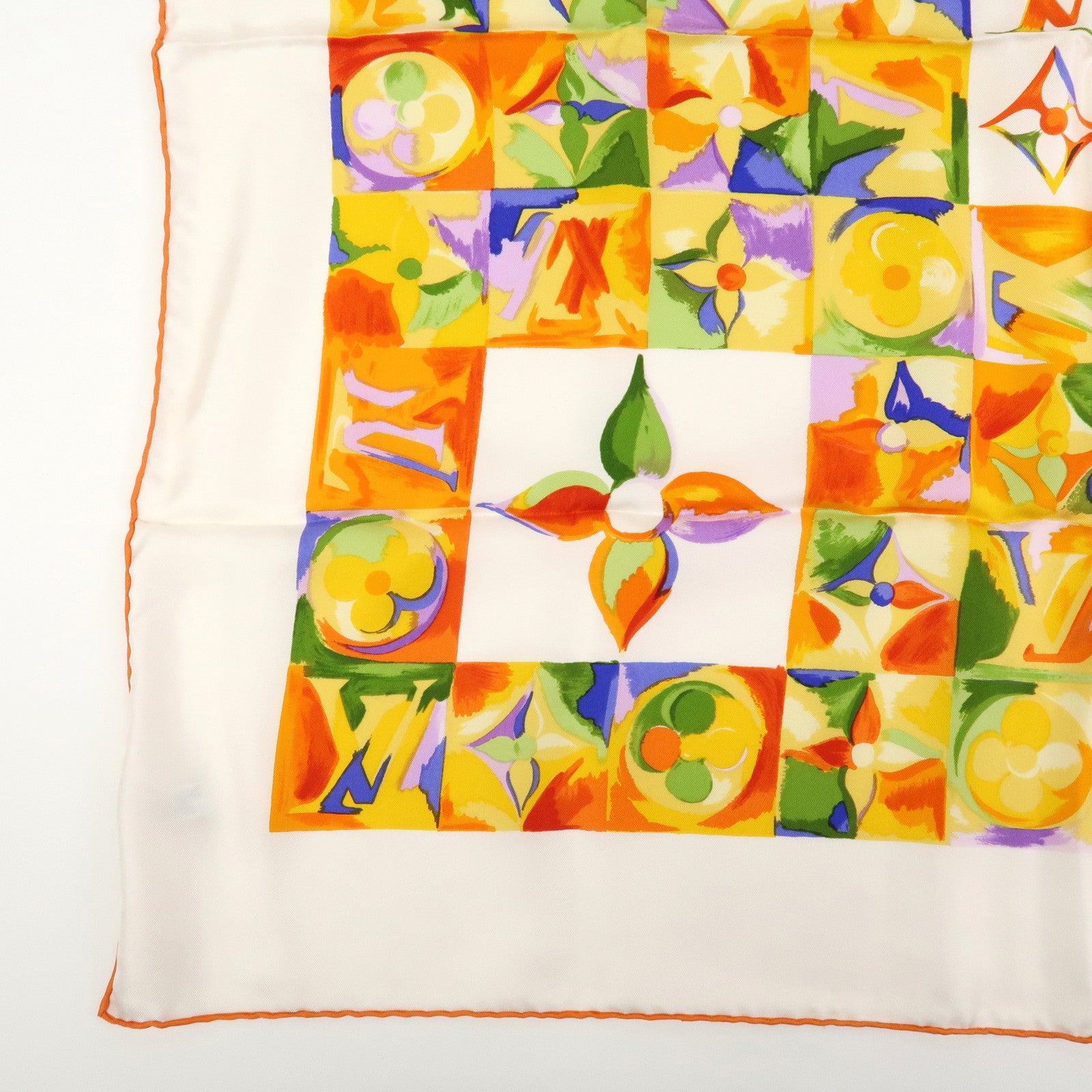 Louis Vuitton Monogram Silk 100% Scarf White Orange Watercolor