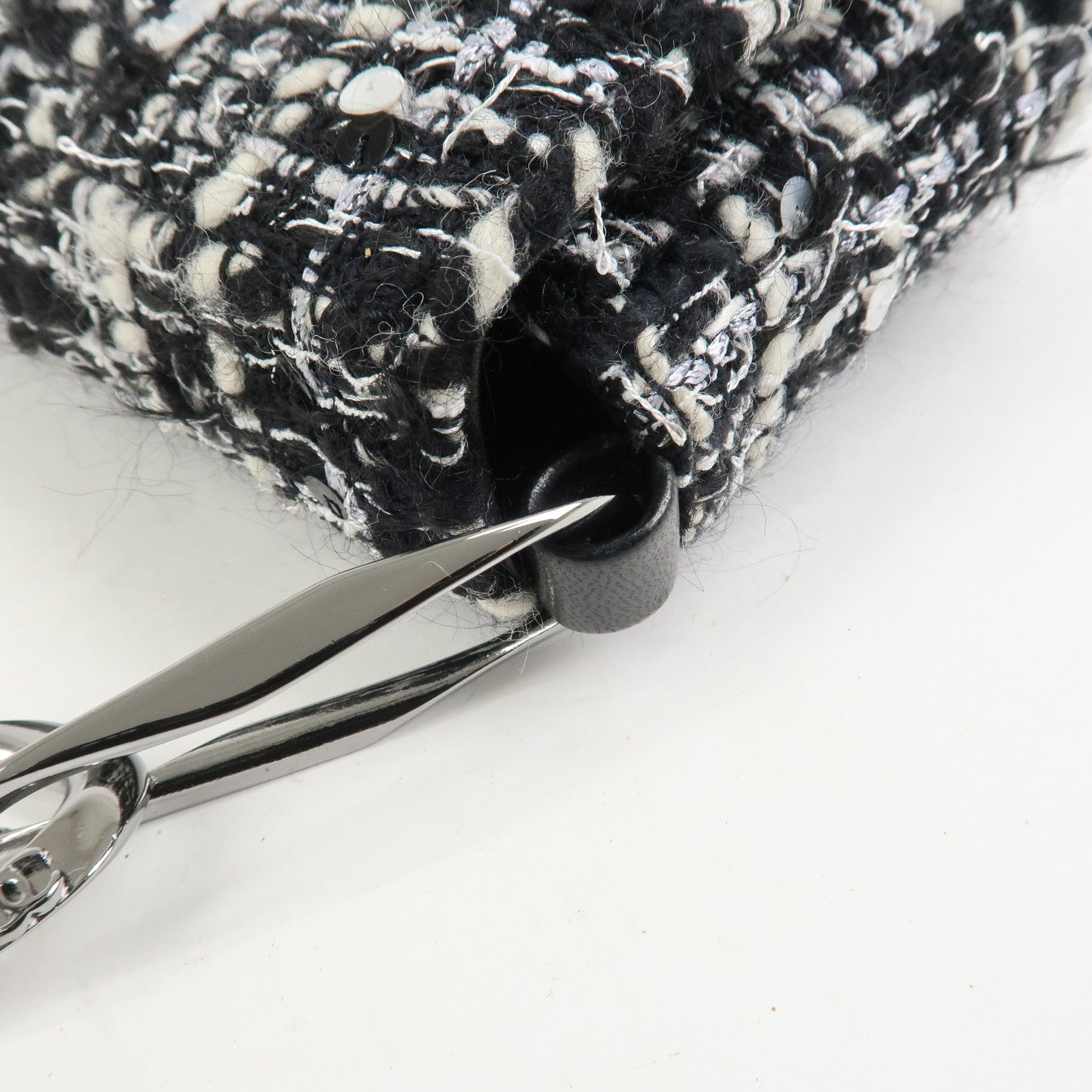 CHANEL Tweed Chain Shoulder Bag Hand Bag Black White 8645695