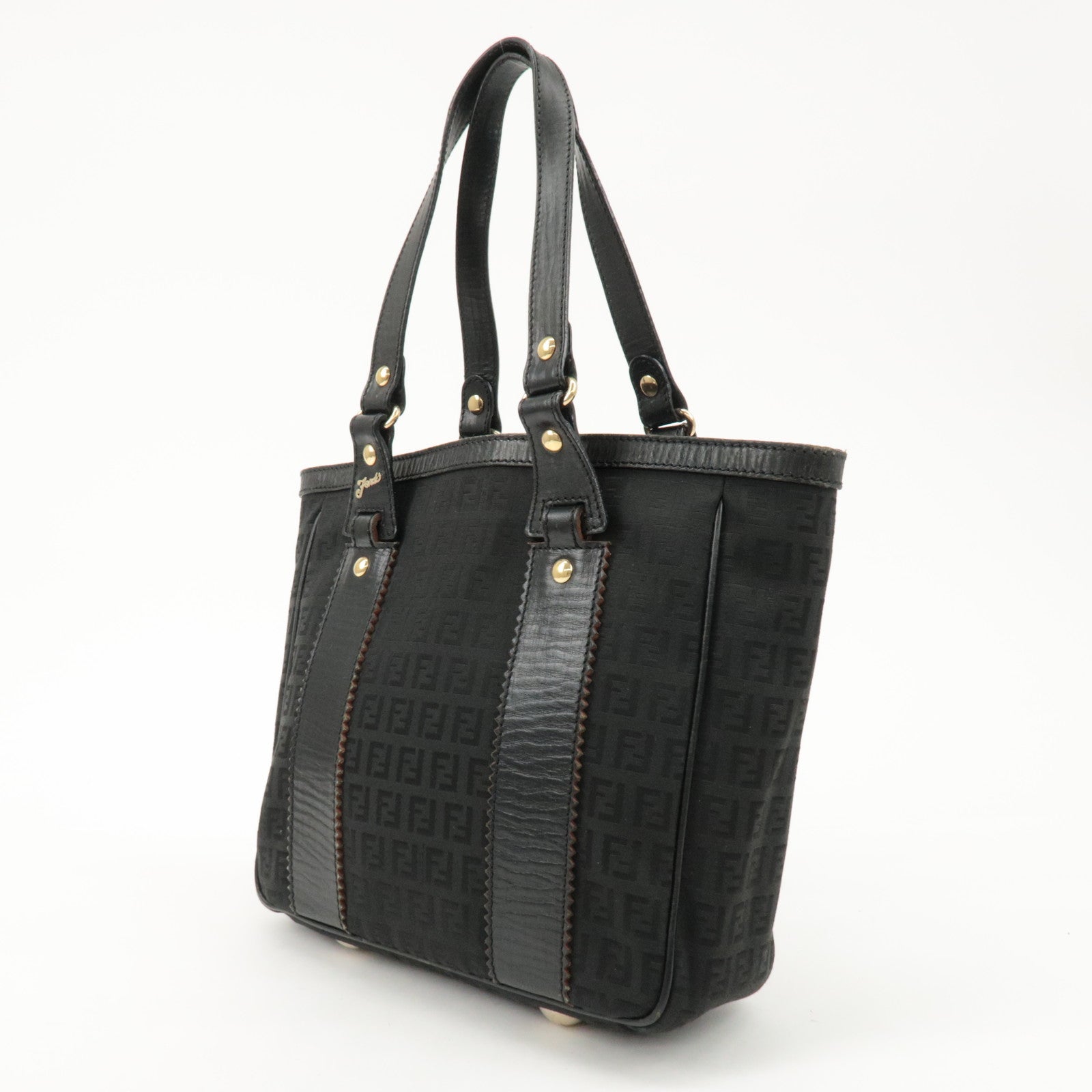 FENDI Zucchino Leather Canvas Tote Bag Hand Bag Black 8BH161 Used