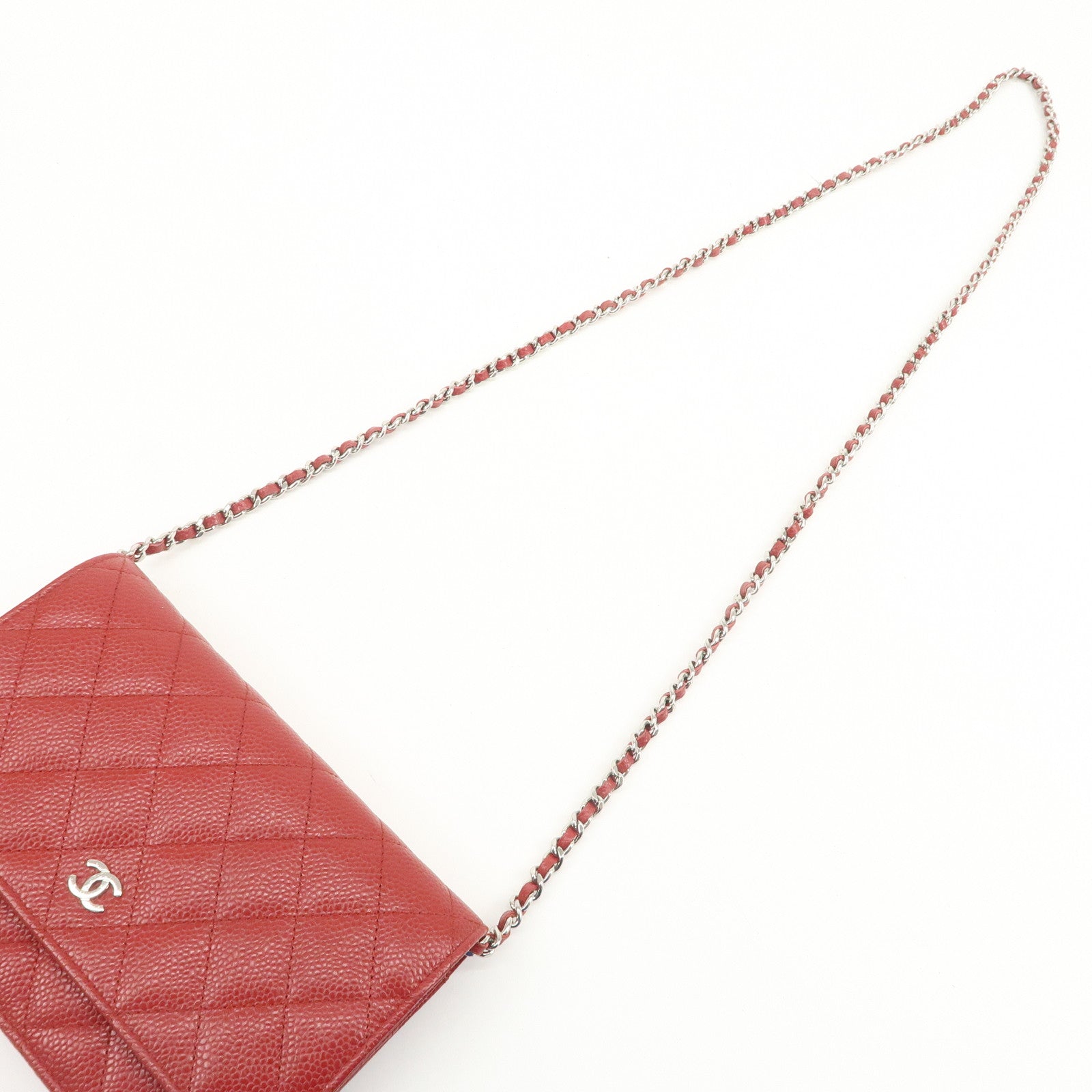 CHANEL Matelasse COCO Mark Caviarskin Chain Wallet Red A33814