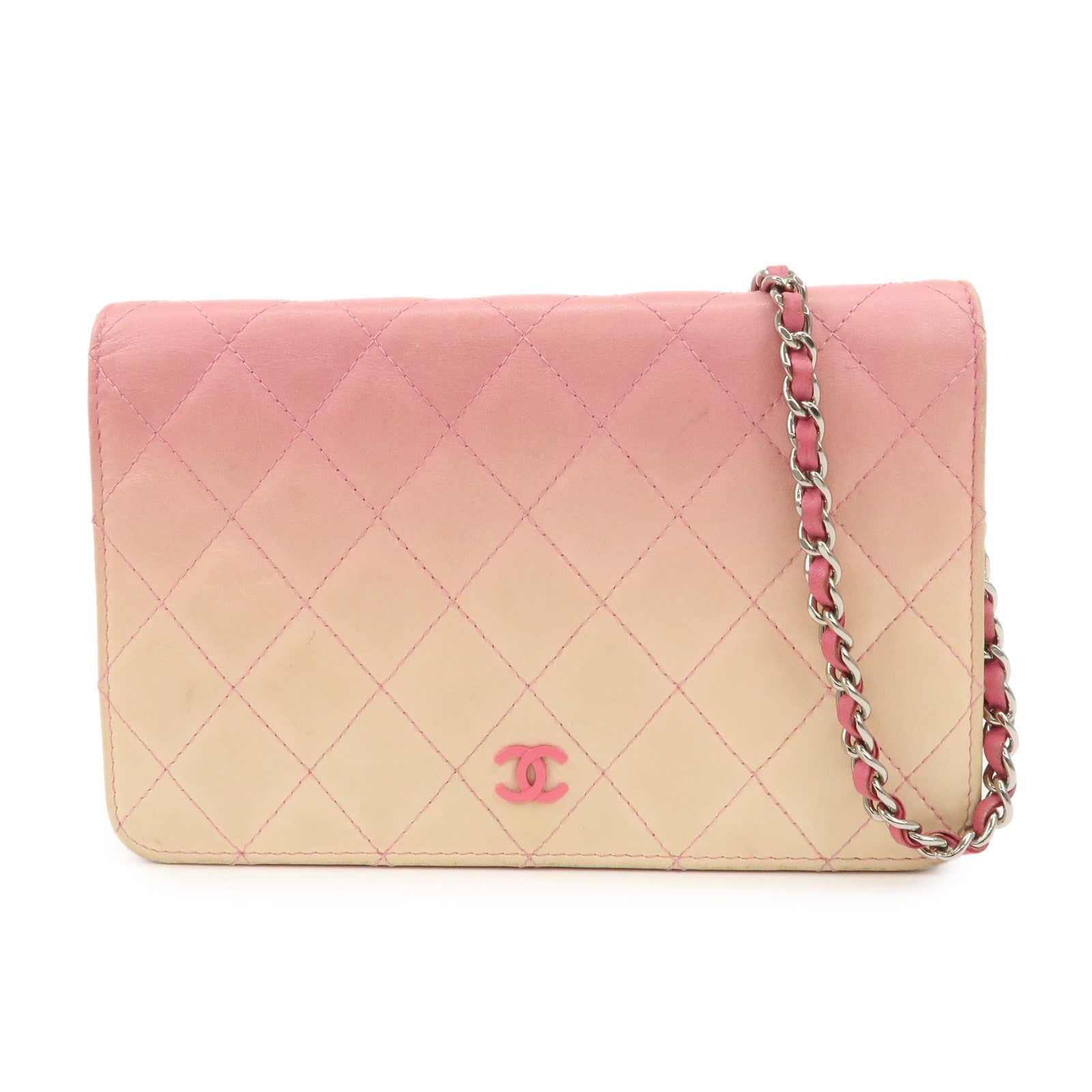 CHANEL Matelasse Leather COCO Mark Chain Shoulder Bag Pink Used