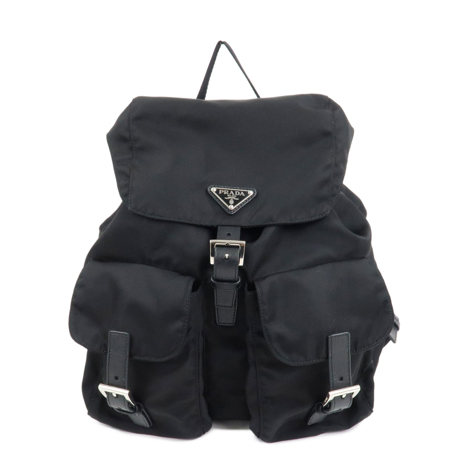 PRADA Triangle Logo Leather Nylon Backpack Rucksack Black B6677