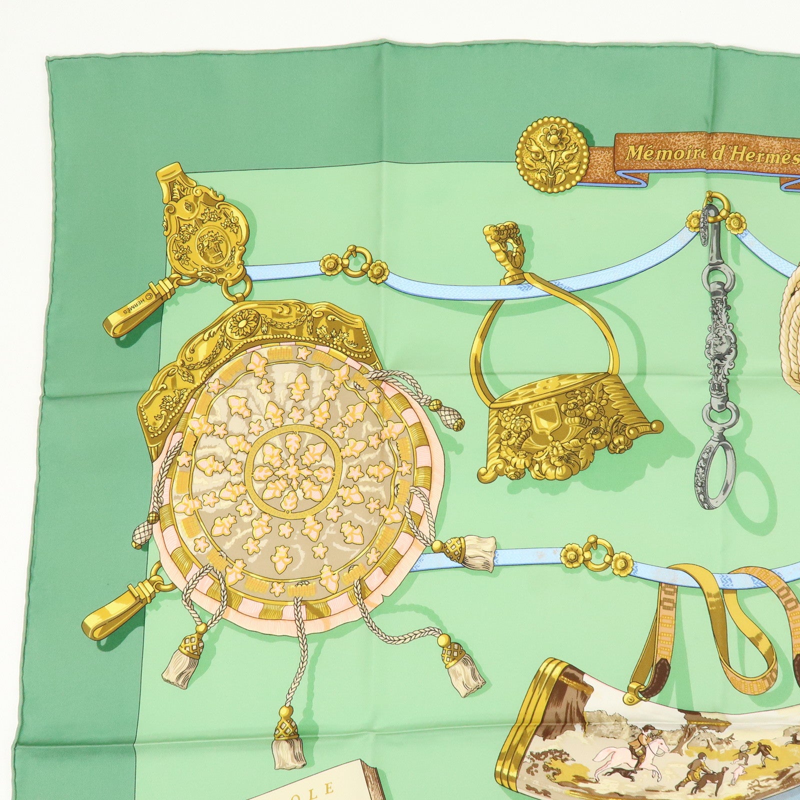 HERMES Carre 90 Silk 100% Memoire d'Hermes Scarf Green Brown Gold