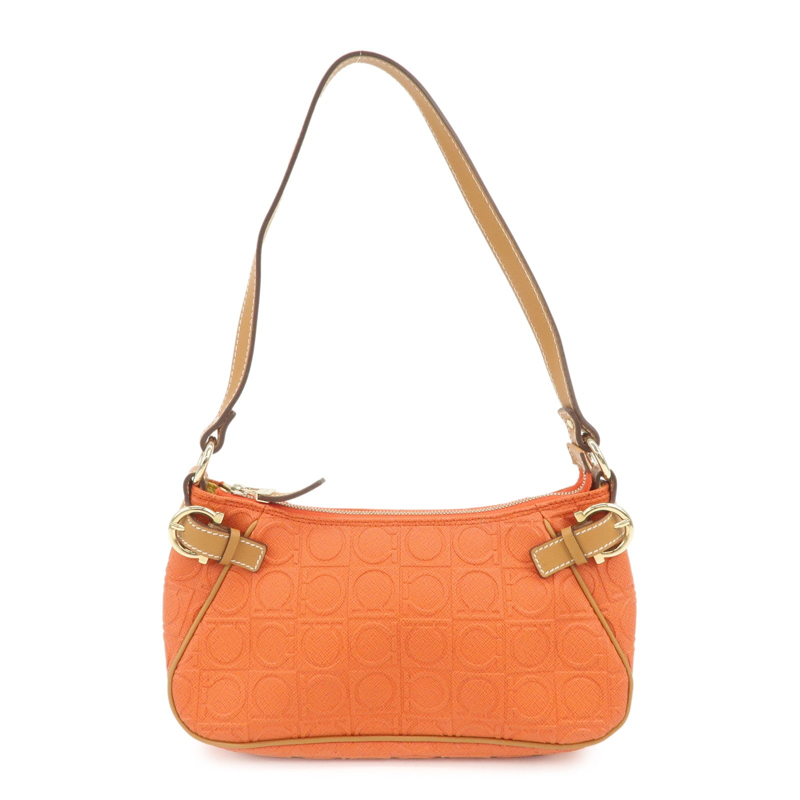 Ferragamo Gancini Leather Shoulder Bag Hand Bag Orange Beige