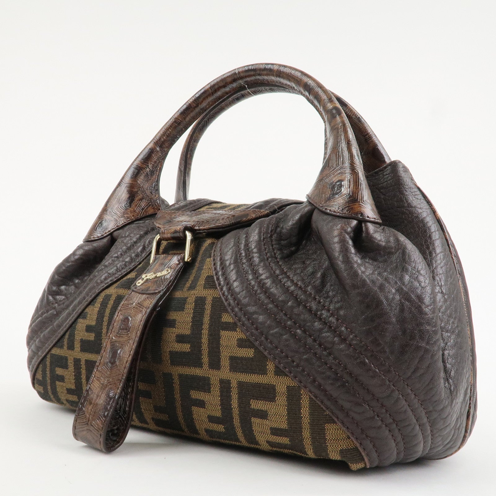 FENDI Zucca Mini Spy Canvas Leather Hand Bag Brown Black 8BR589 Used