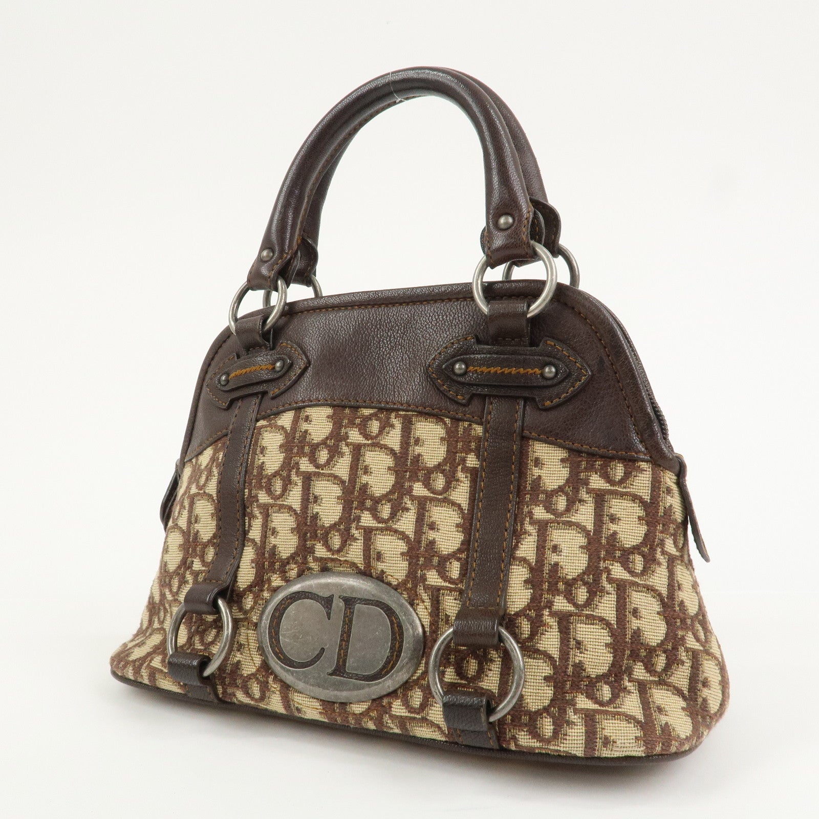 Christian Dior Trotter Canvas Leather Hand Bag Beige Brown