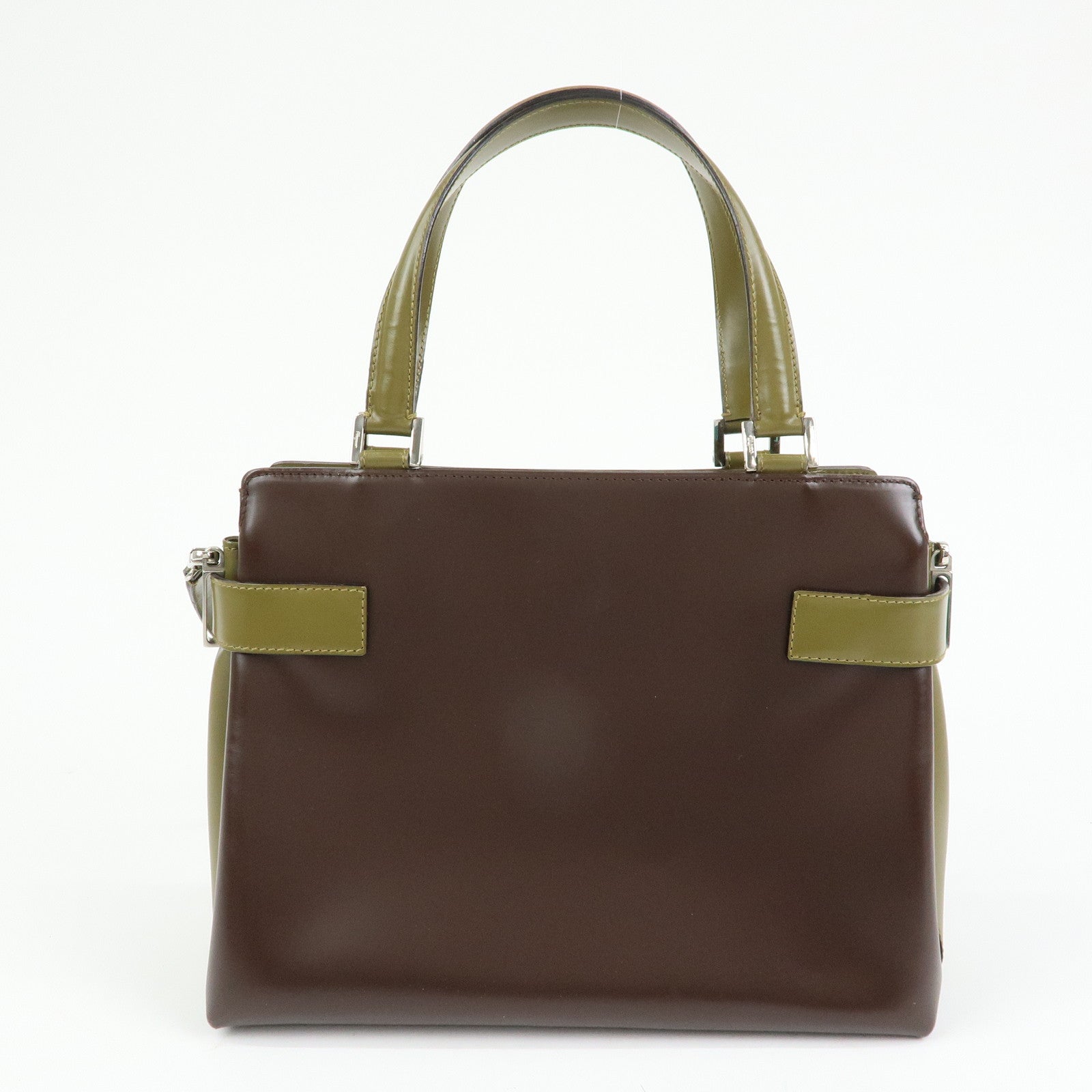 Ferragamo Gancini Leather 2Way Hand Bag Shoulder Bag Brown Khaki