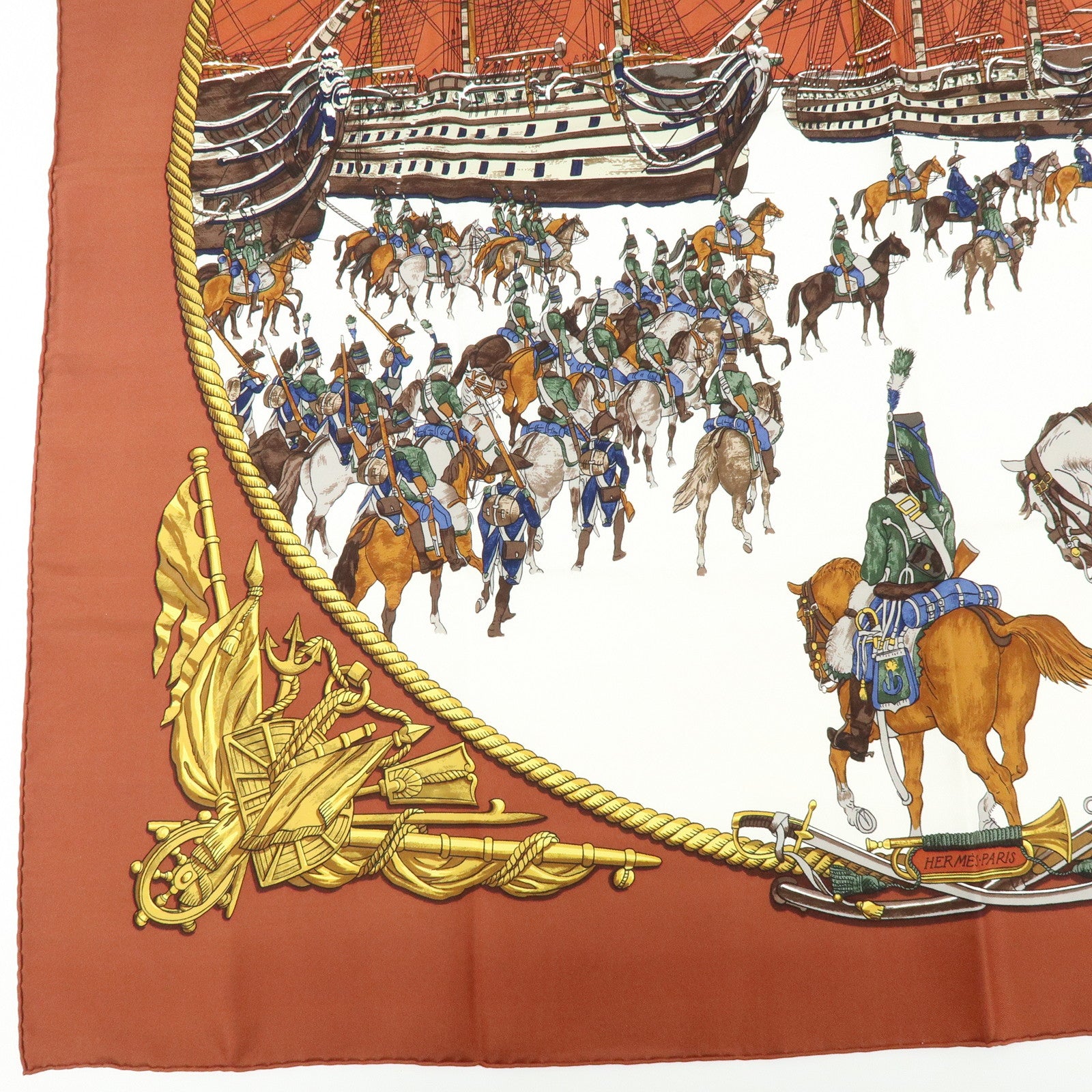 HERMES Carre 90 Silk 100% Scarf MARINE ET CAVALERIE Brown