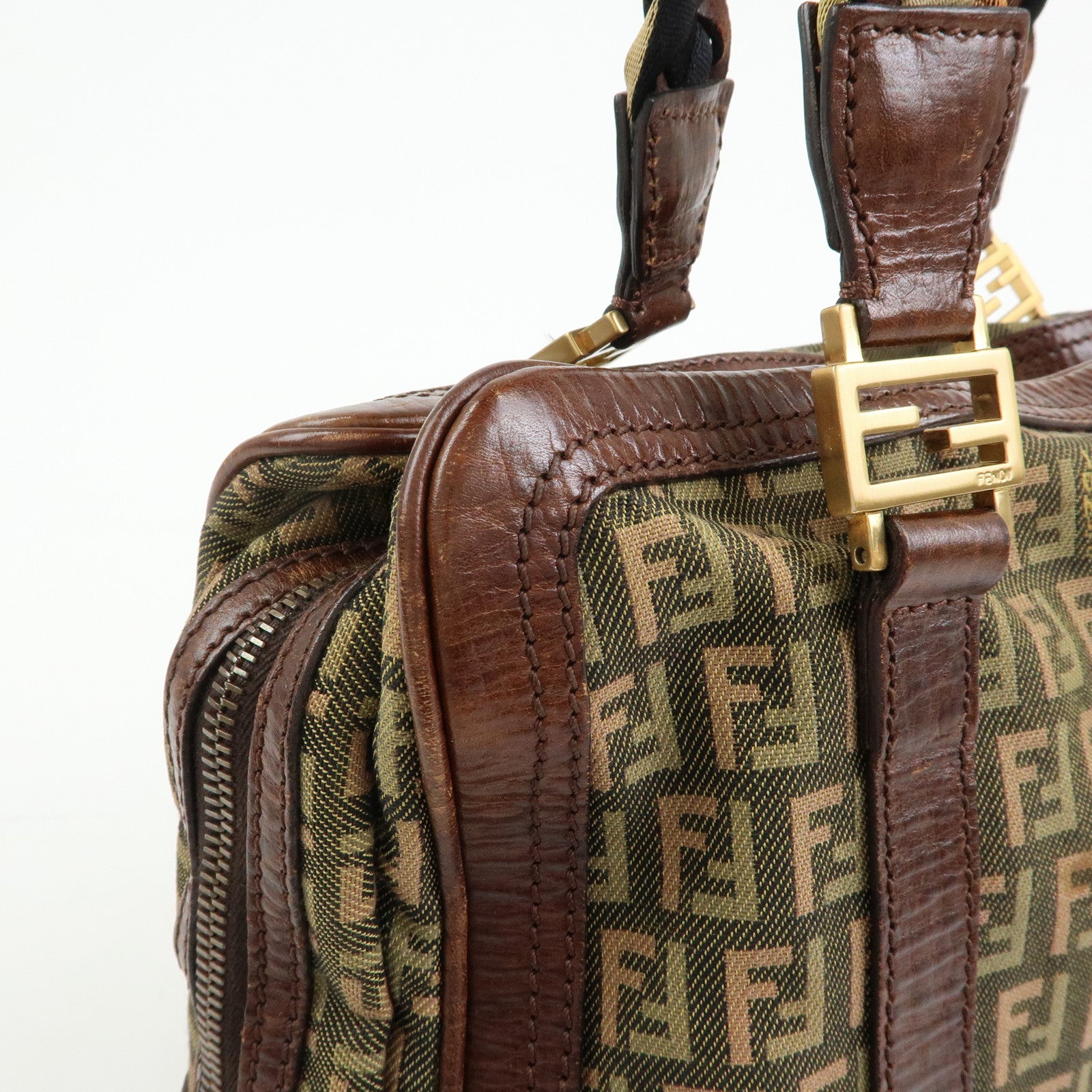 FENDI Zucchino Canvas Leather Mini Boston Bag Shoulder Bag 8BL075