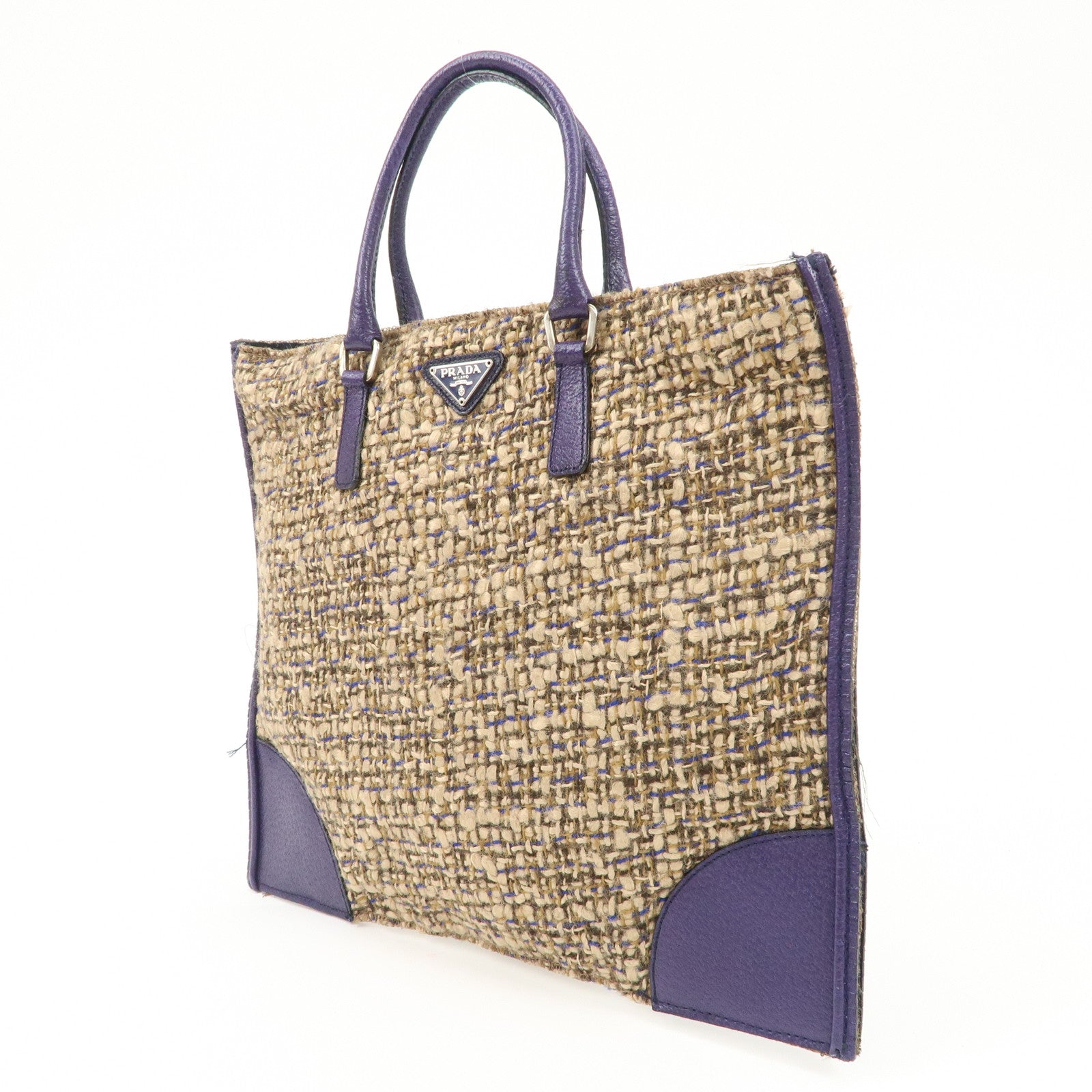 PRADA Triangle Logo Tweed Leather Tote Bag Purple Beige B11261 Used
