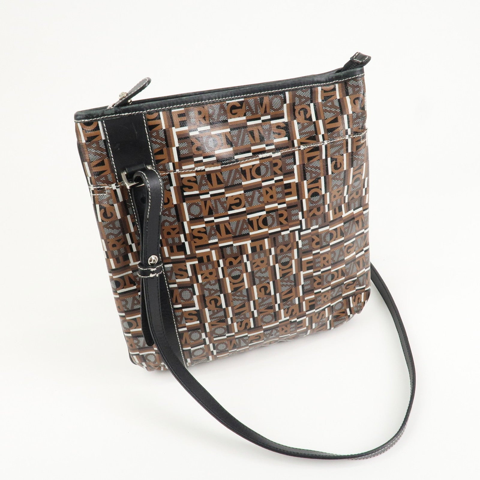 Ferragamo Leather PVC Shoulder Bag Black Brown White