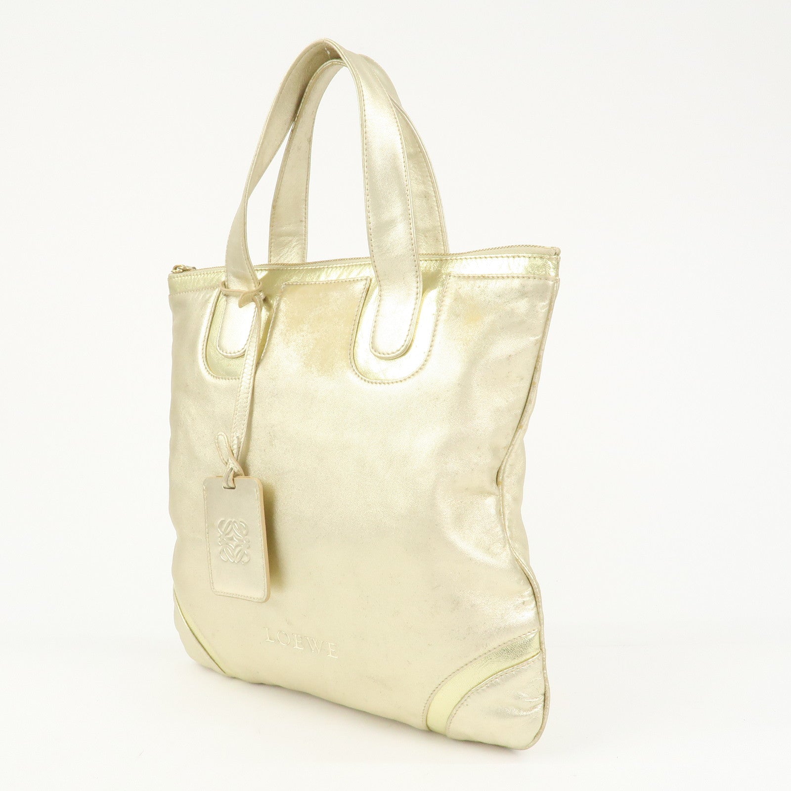 LOEWE Anagram Logo Leather Tote Bag Hand Bag Champagne Gold