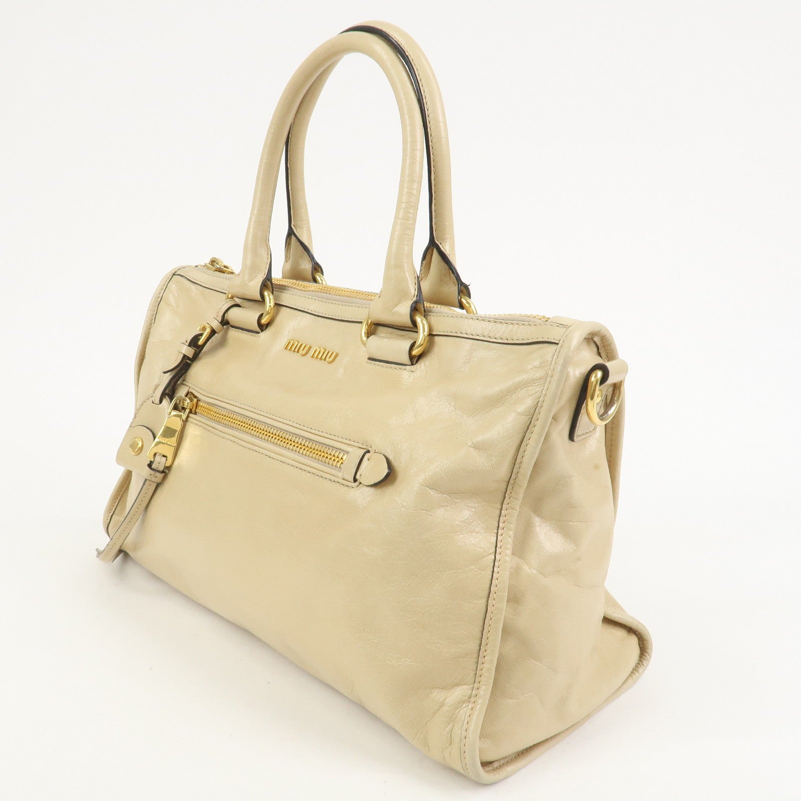MIU MIU Logo Leather 2Way Bag Hand Bag Shoulder Bag Beige
