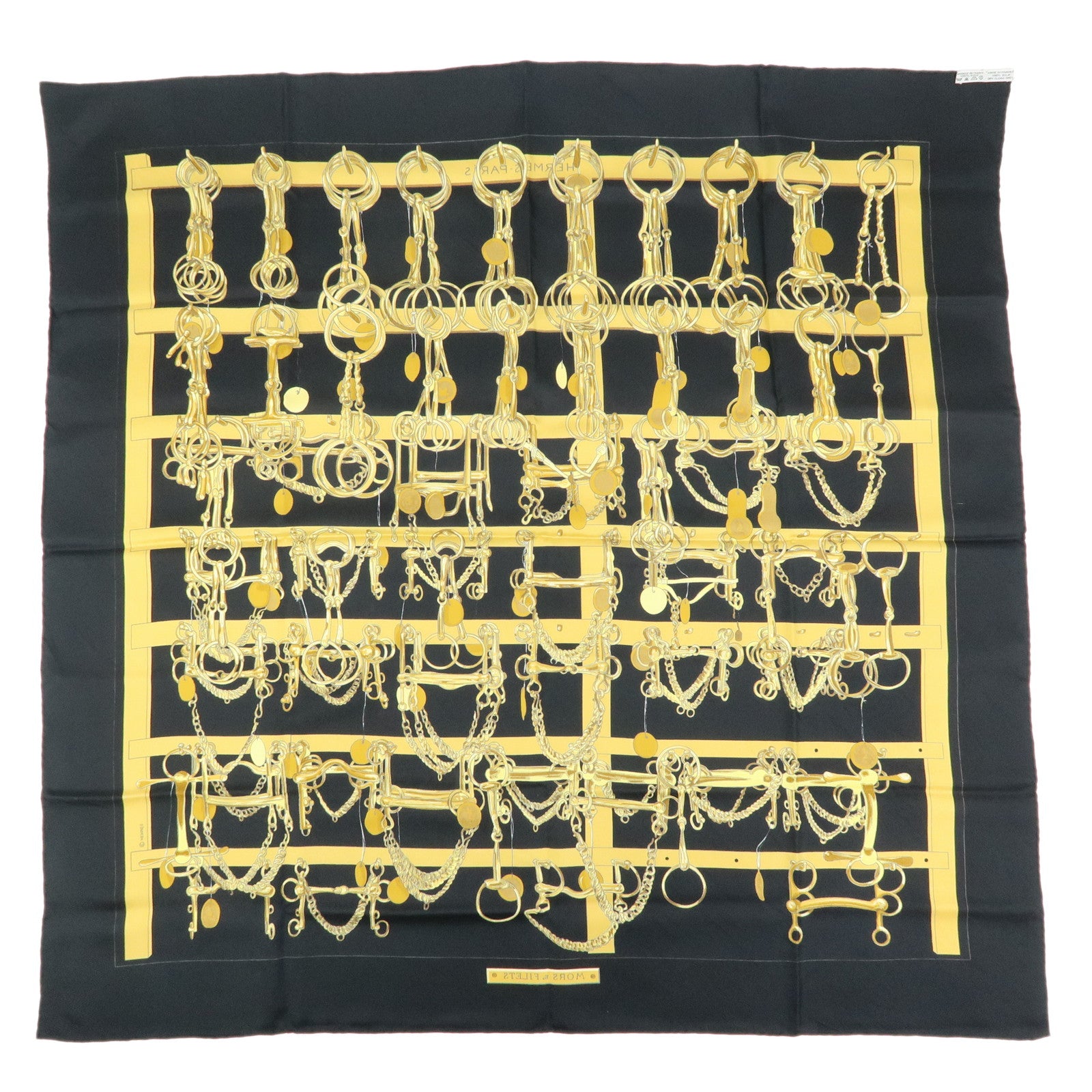 HERMES Carre 90 Silk 100% Scarf MORS&FILETS Black Yellow