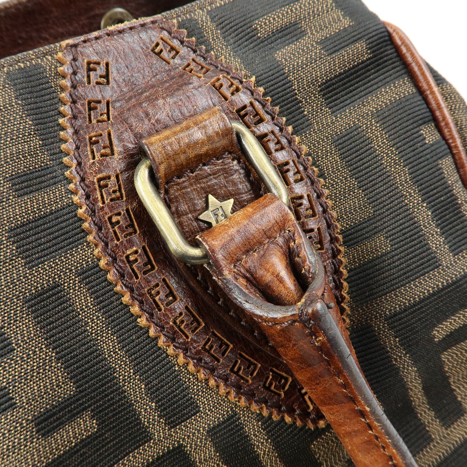 FENDI Ethnico Zucca Canvas Leather Tote Shoulder Bag Brown 8BN162