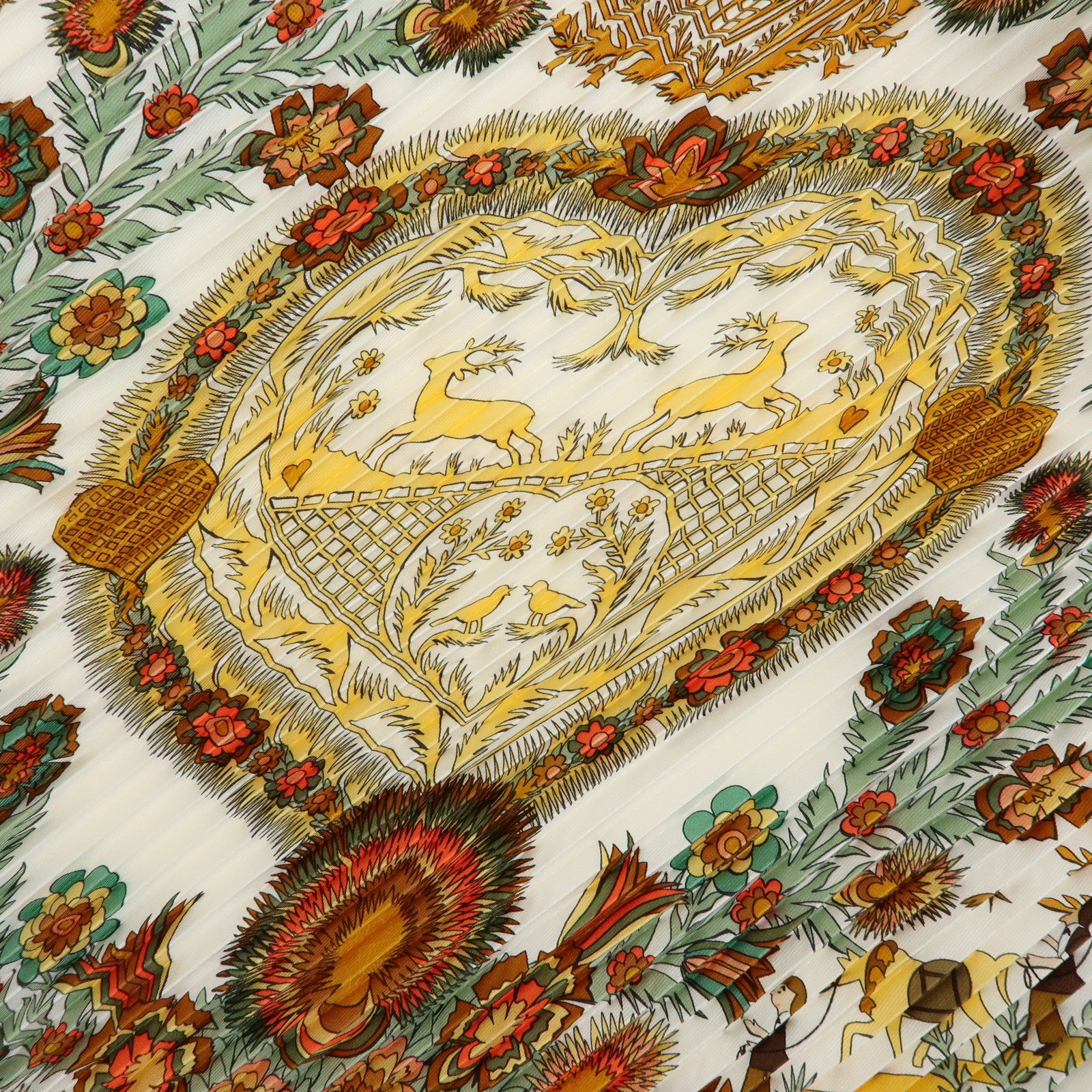 HERMES Pleated Carre 90 Silk 100% Scarf DECOUPAGES Yellow Orange
