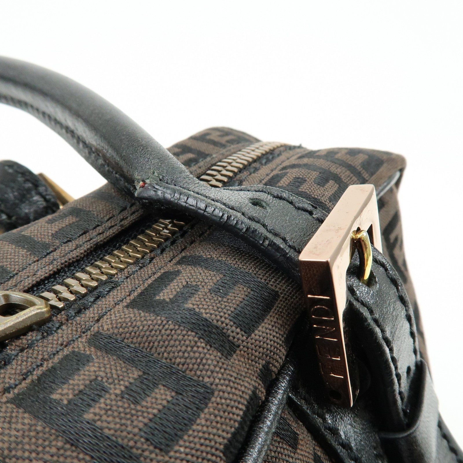 FENDI Zucchino Canvas Leather Hand Bag Boston Bag Brown 8BN005