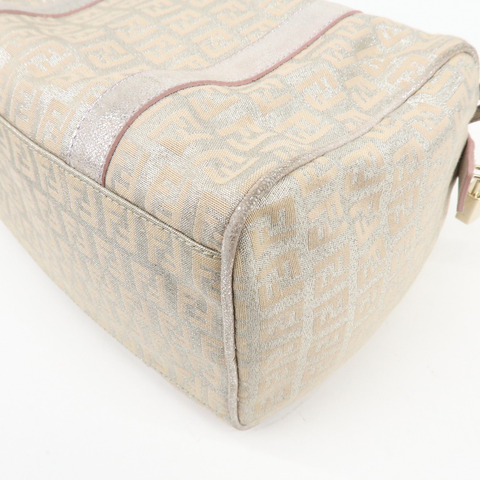 FENDI Zucchino Canvas Leather Mini Boston Bag Silver Beige 8BL068