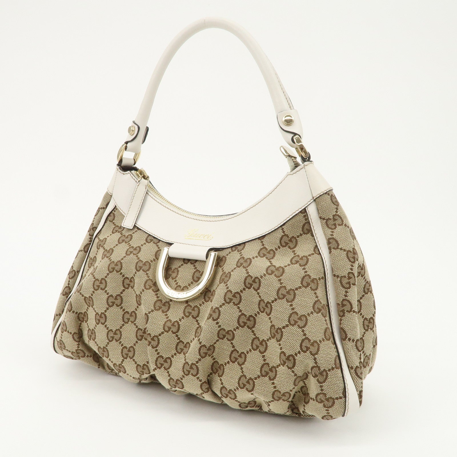 GUCCI Abbey Leather GG Canvas Shoulder Bag Beige White 190525