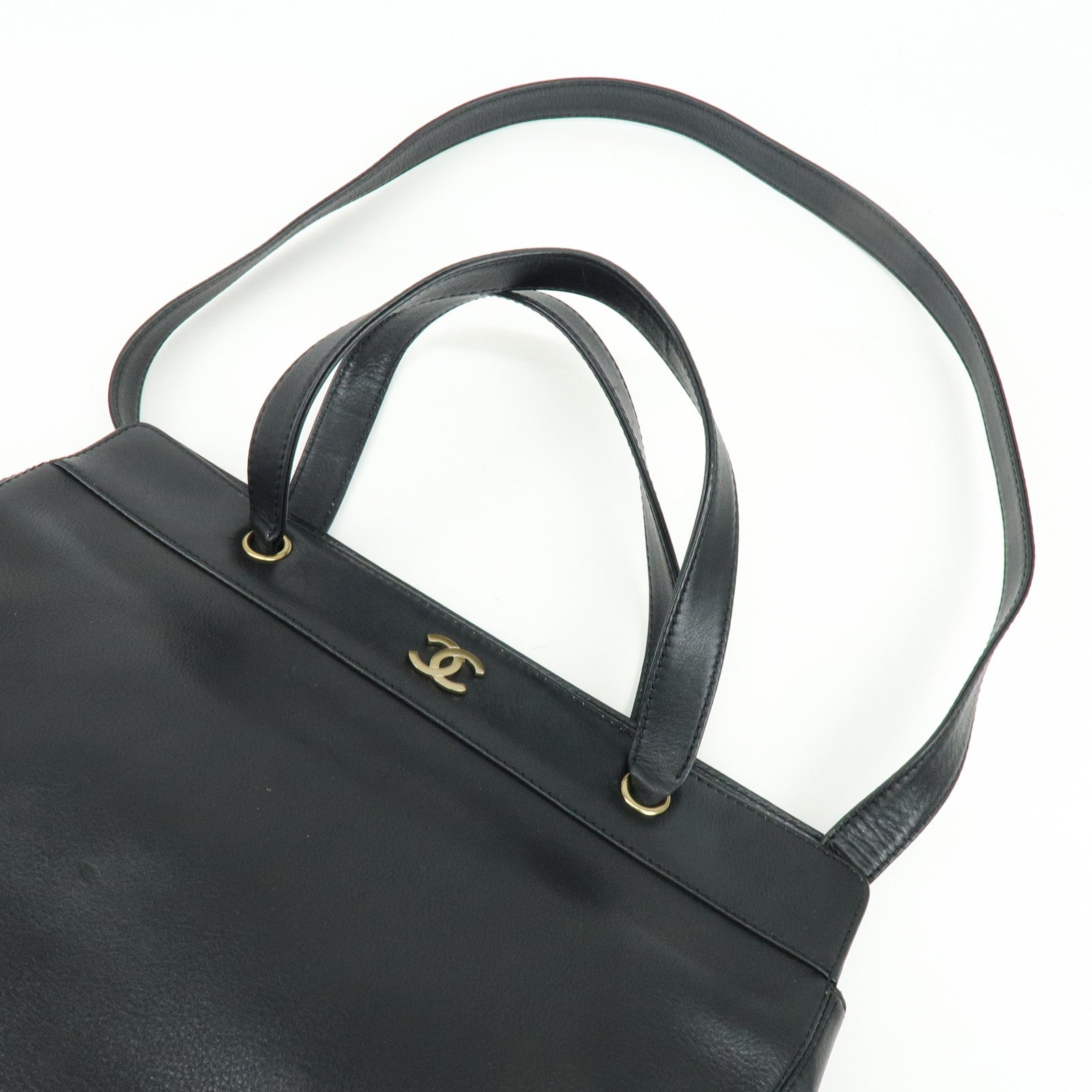 CHANEL Calf Leather 2Way Bag Shoulder Bag Tote Bag Black Gold