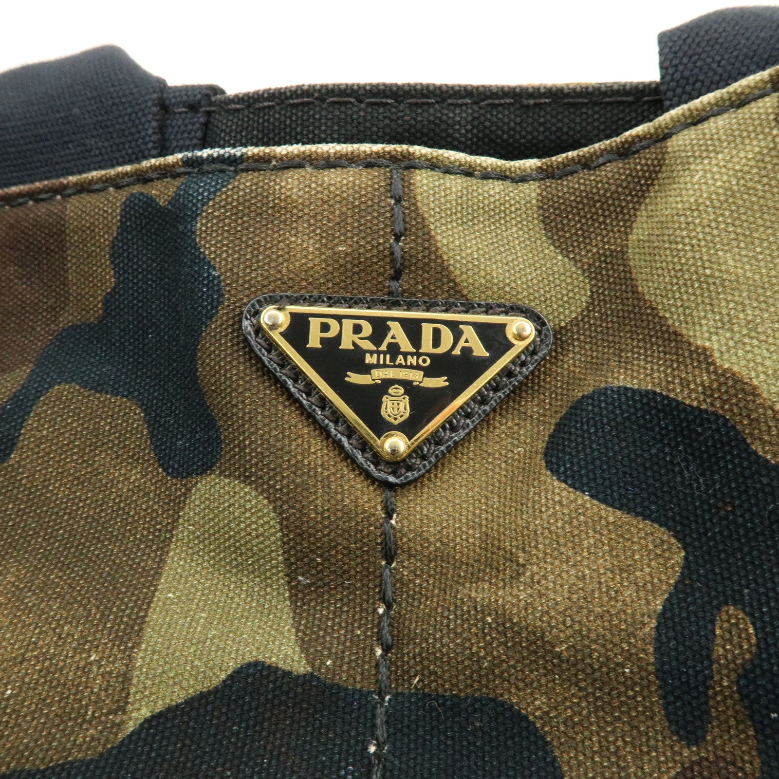 PRADA Canapa Large Tote Bag Hand Bag Khaki Black Brown BN1872