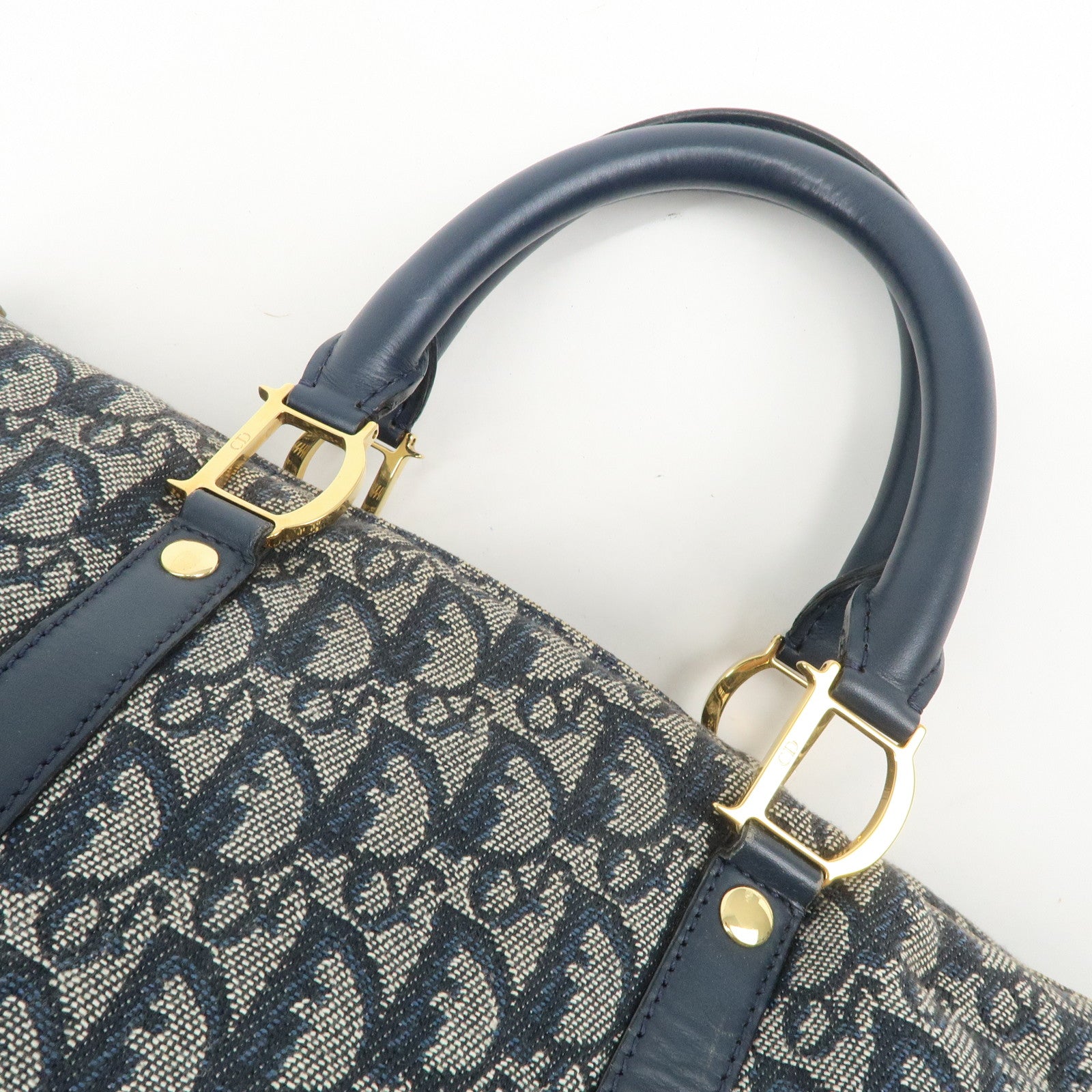 Christian Dior Trotter Jacquard Canvas Leather Boston Bag Navy