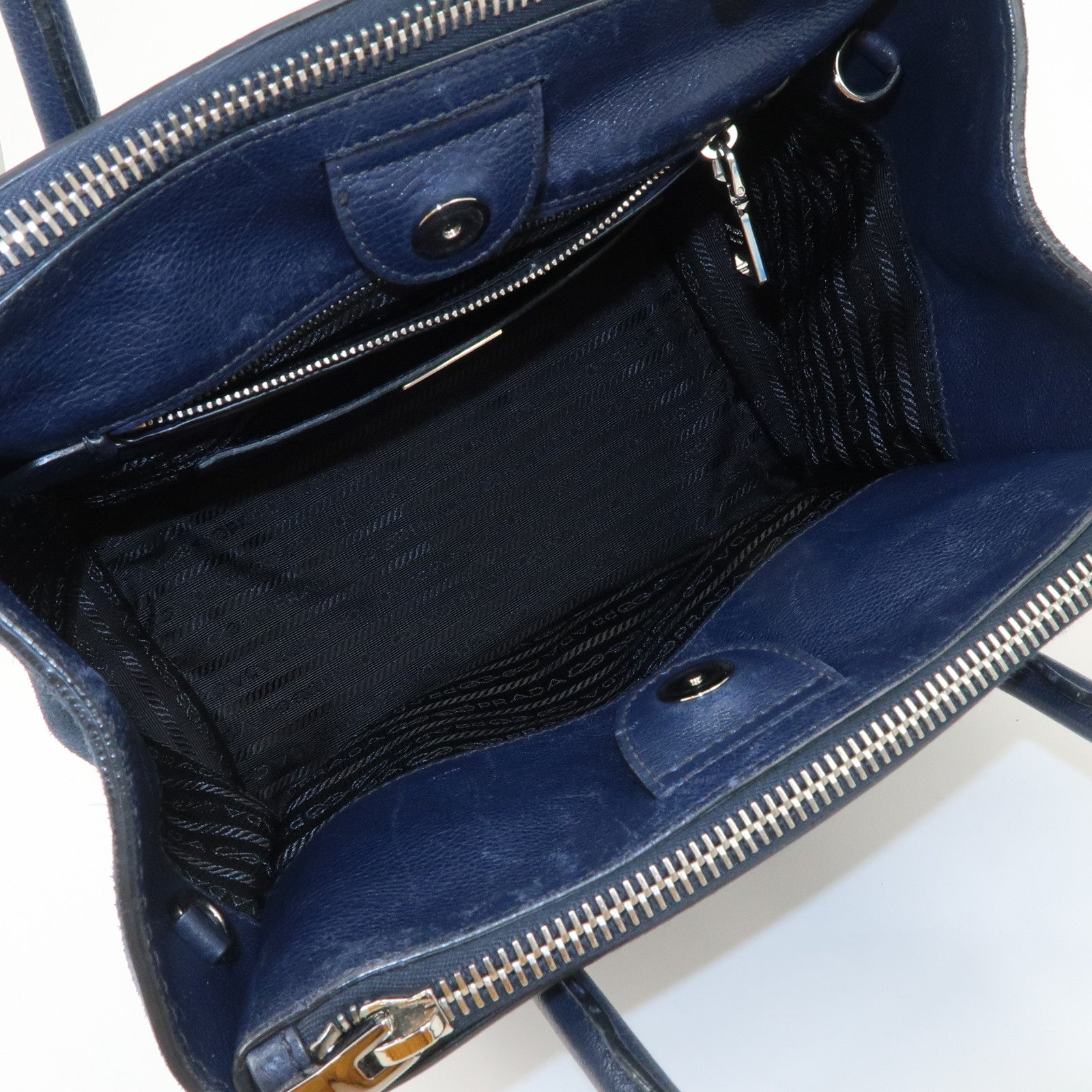 PRADA Triangle Logo Leather 2Way Bag Tote Bag Hand Bag Navy B2625M