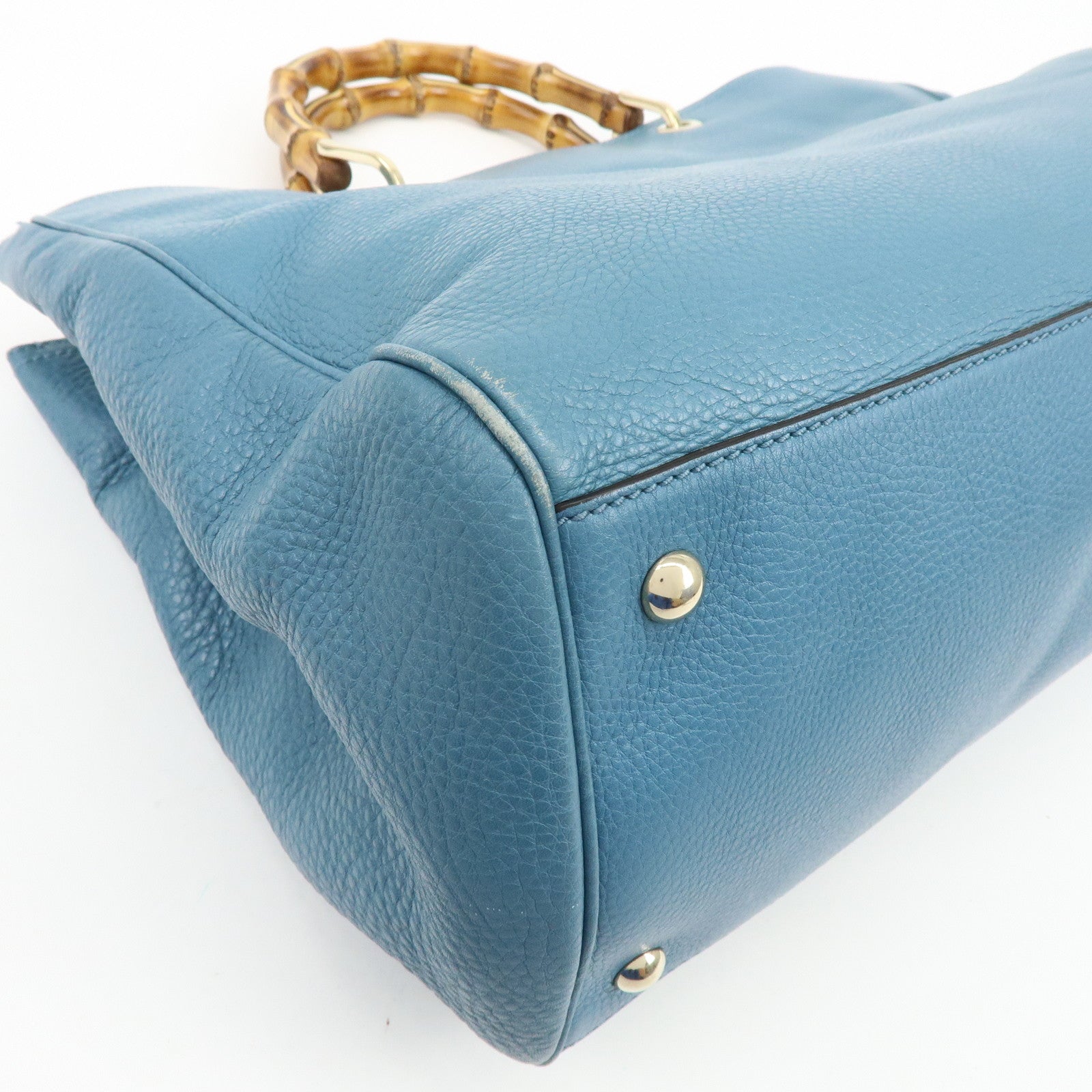 GUCCI Bamboo Shopper Large Leather Tote Bag 2Way Bag Blue 323658