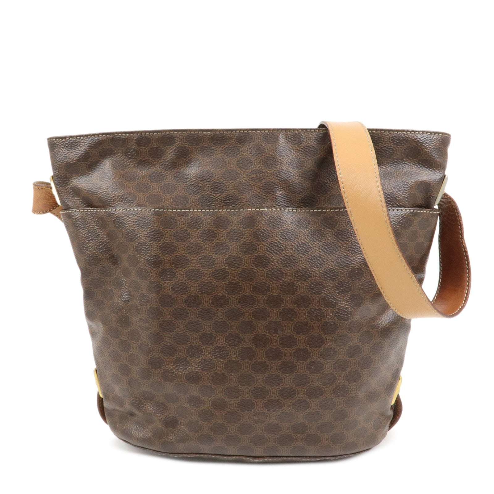 CELINE Macadam PVC Canvas Leather Shoulder Bag Brown Gold Hardware