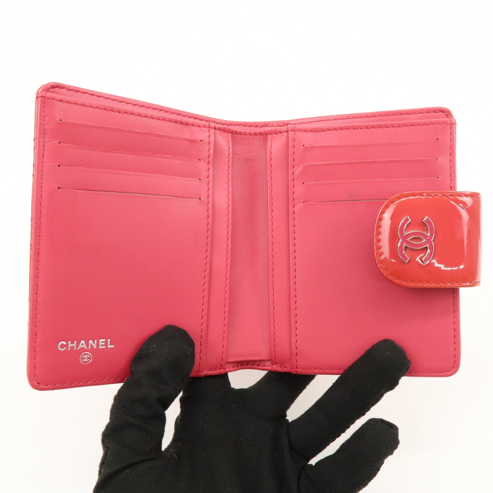 CHANEL COCO Mark Bicolore Patent Leather Compact Wallet Red