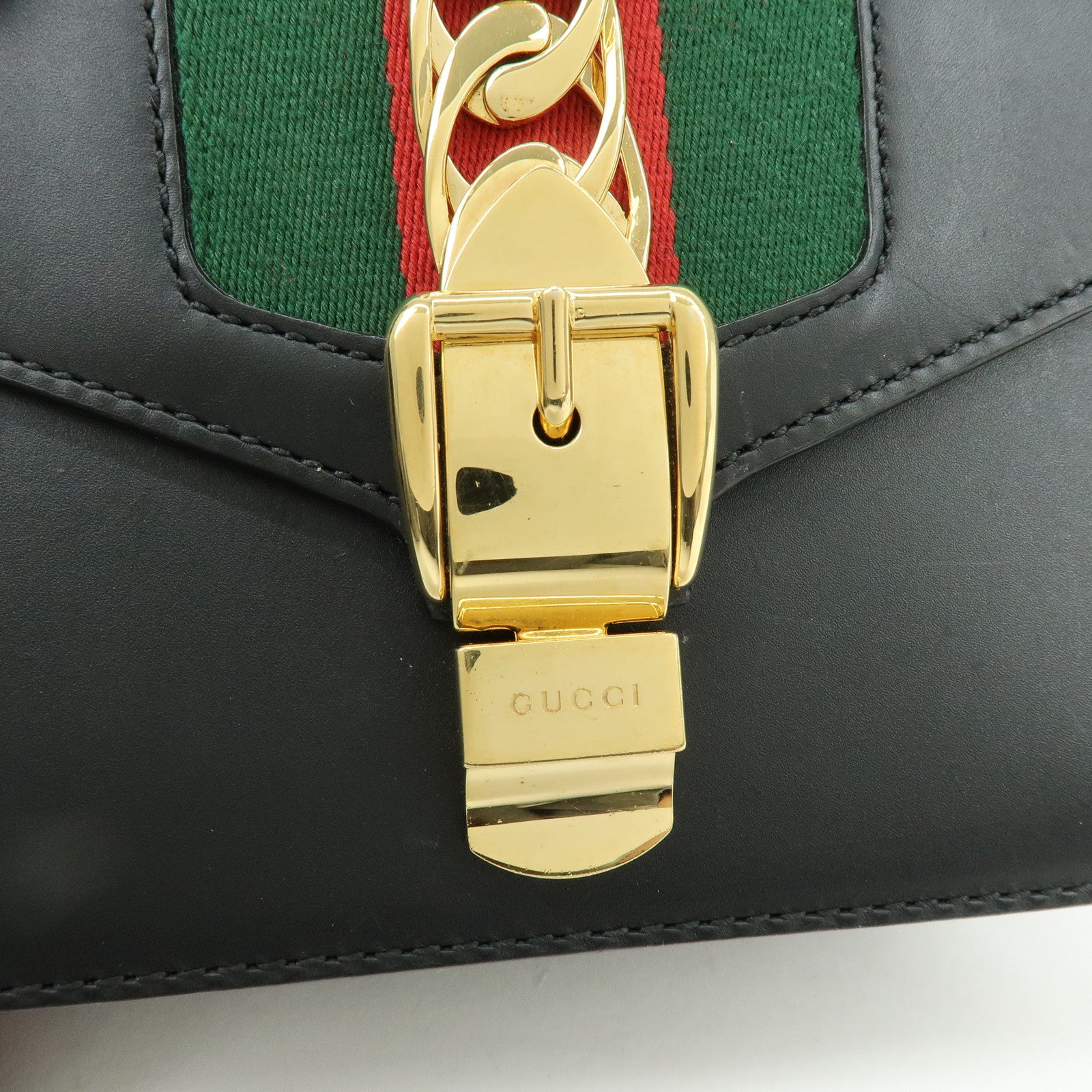 GUCCI Sylvie Sherry Leather Chain Shoulder Bag Black 431666